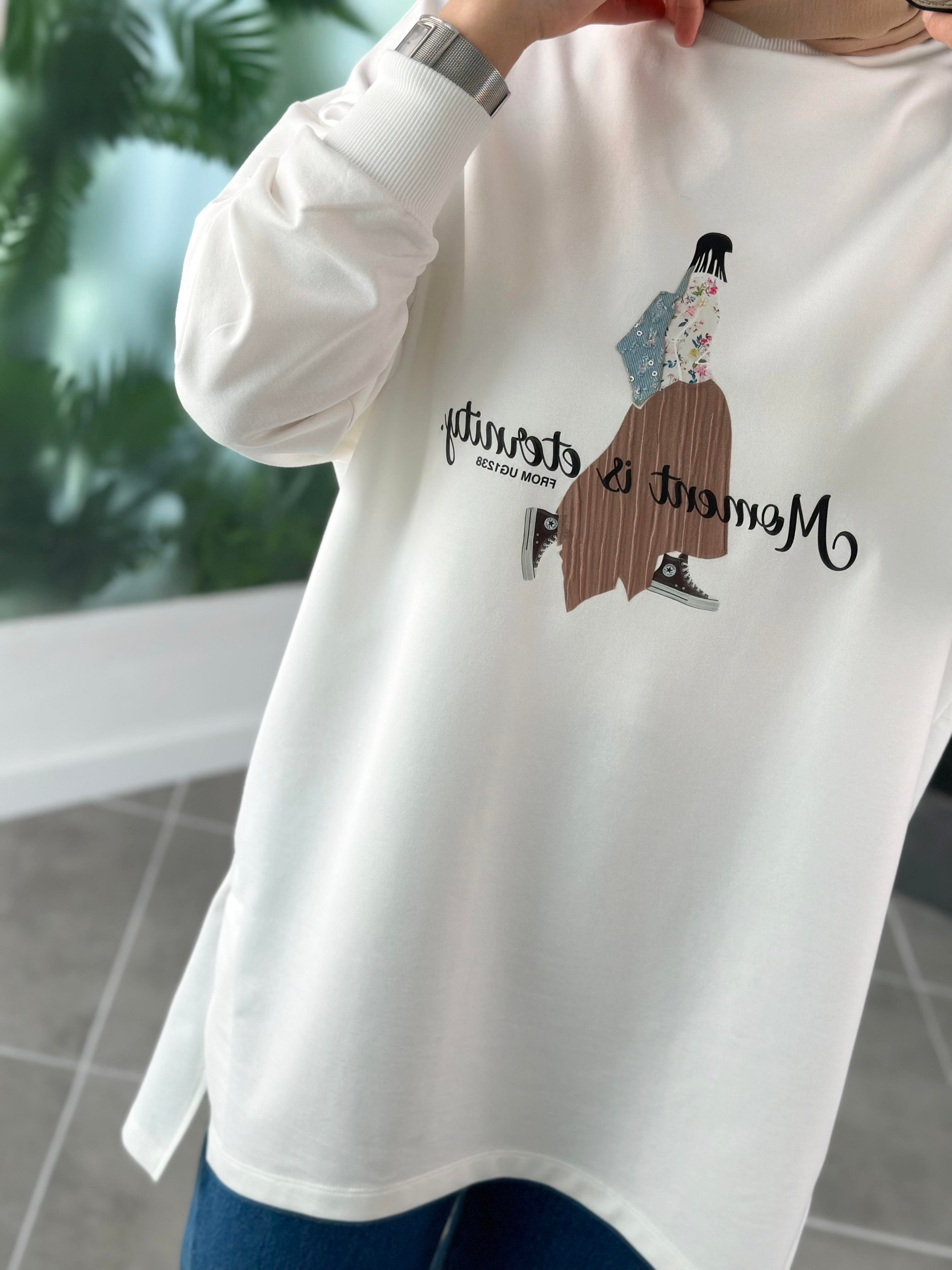 Kumaş Ve Yazı Baskılı Ekru Renk Kadın Sweatshirt 