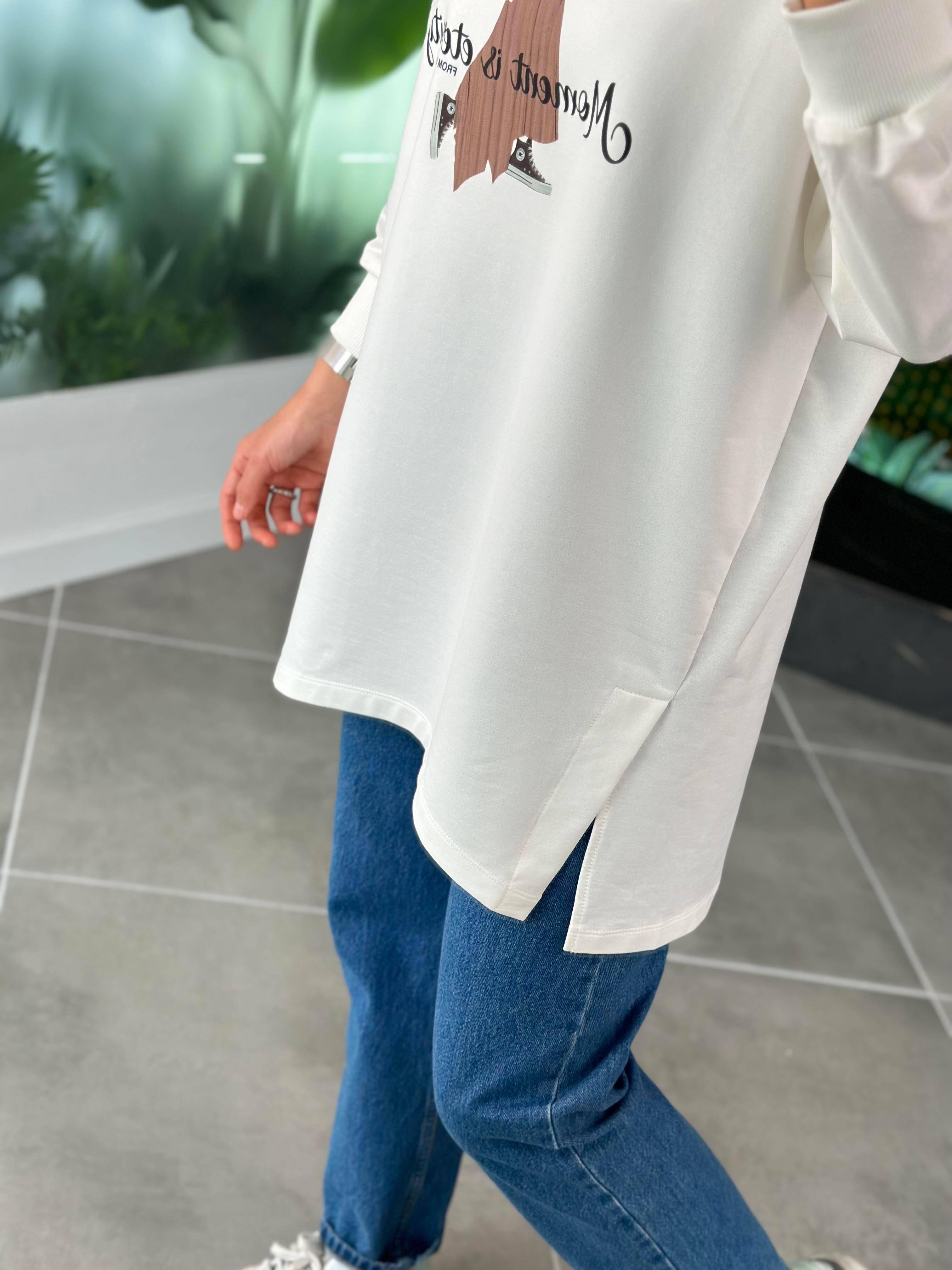 Kumaş Ve Yazı Baskılı Ekru Renk Kadın Sweatshirt 