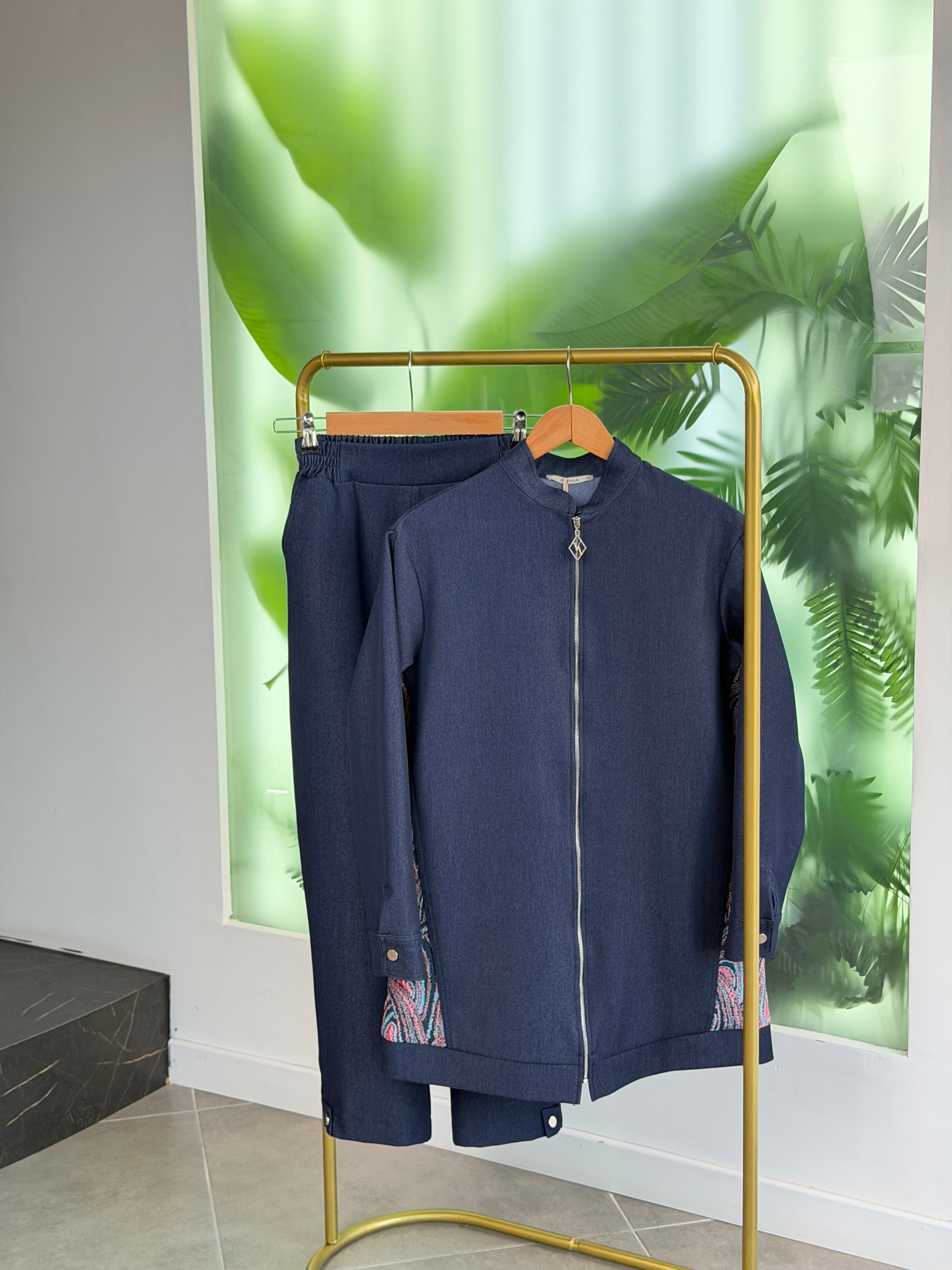 Lacivert Renk Etnik Desen Detaylı Denim Takım 26KT663