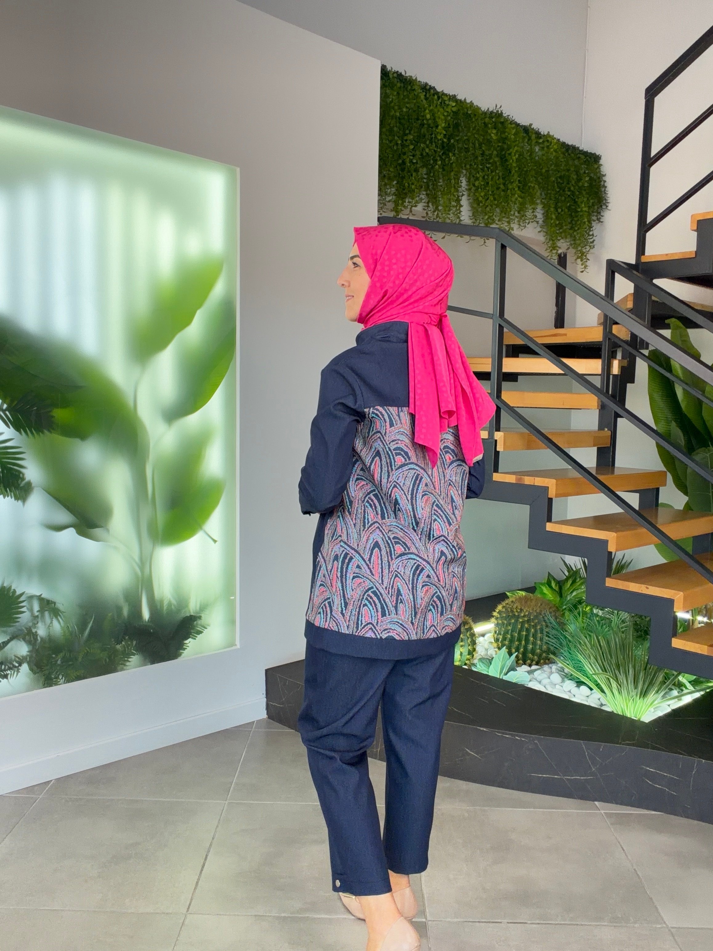 Lacivert Renk Etnik Desen Detaylı Denim Takım 26KT663