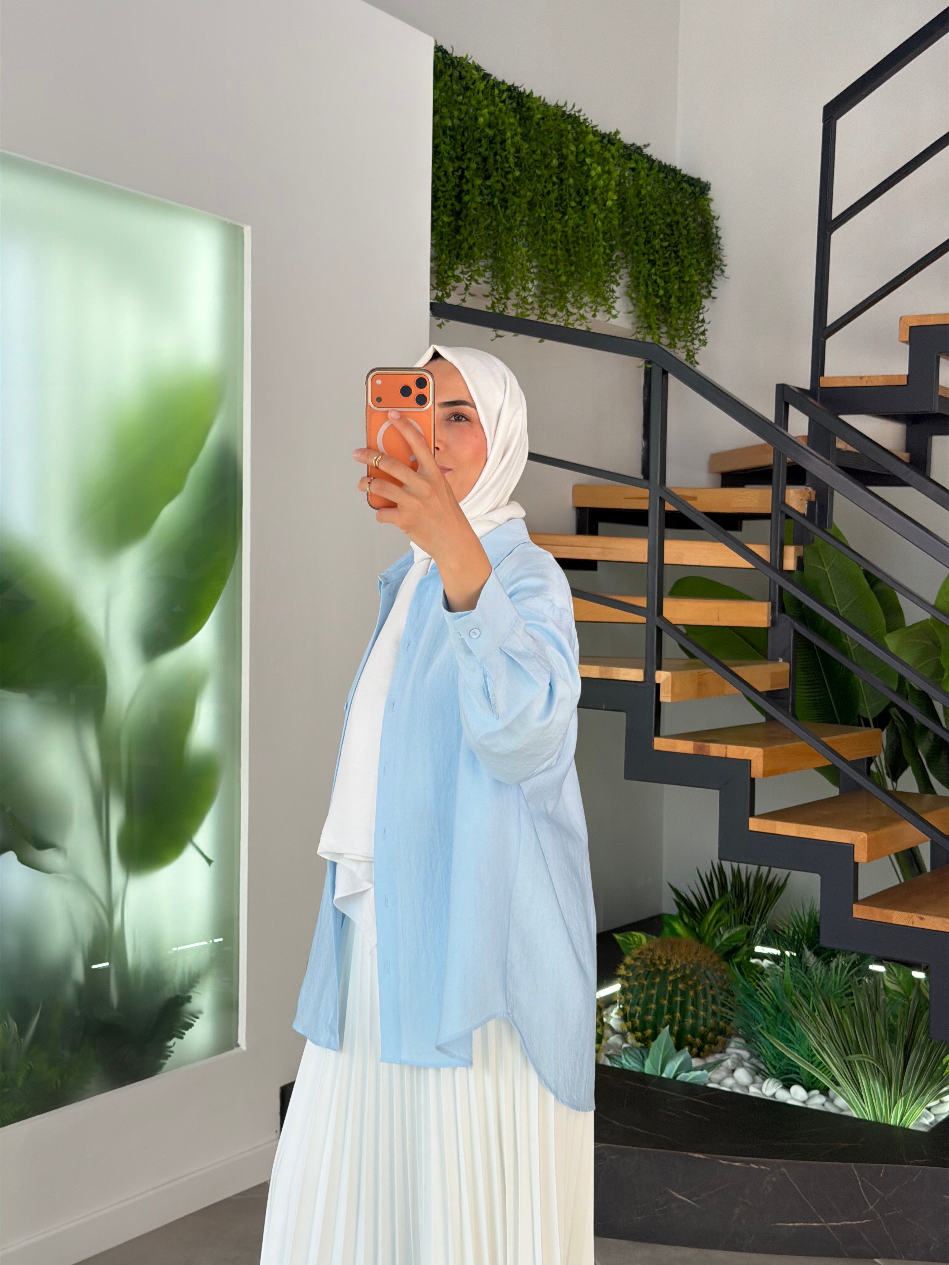 Mavi Renk Keten Görünümlü Oversize Gömlek