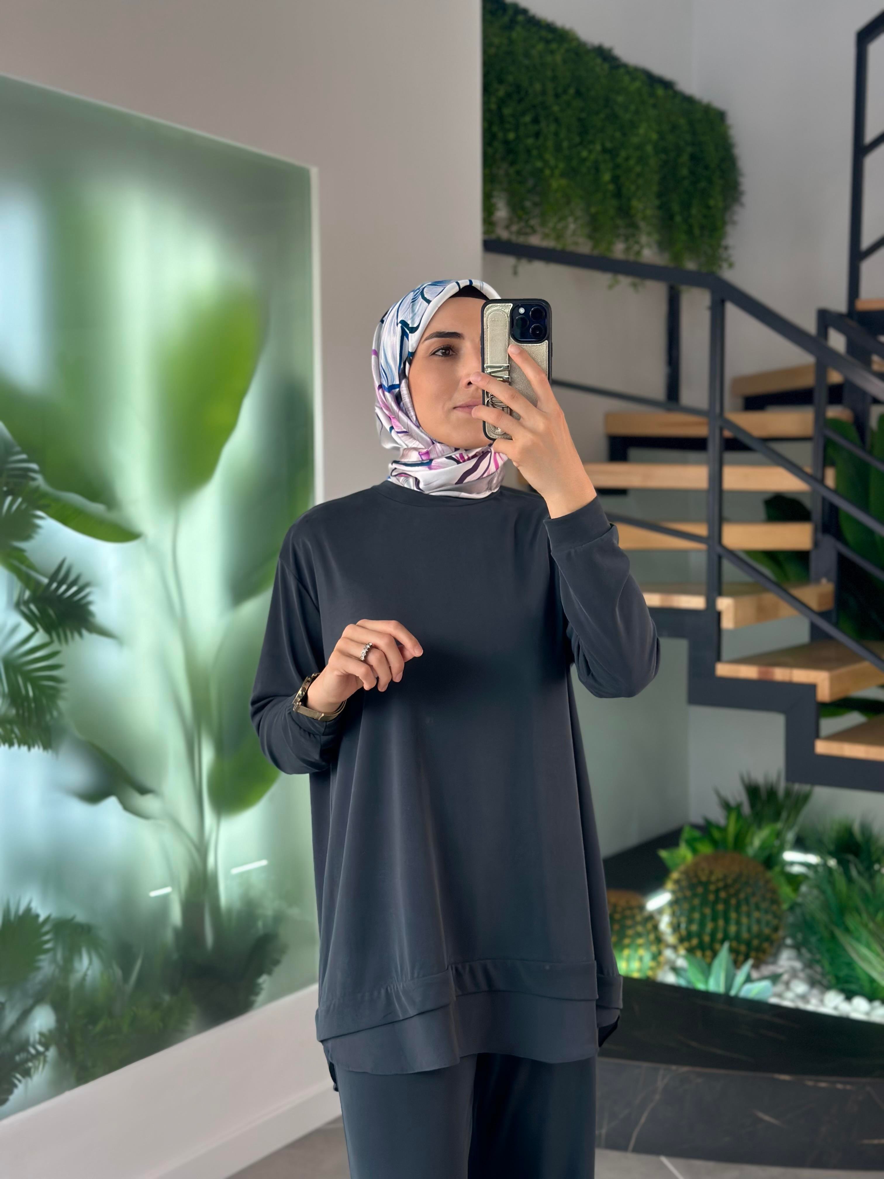 Modal Kumaş Tül Detaylı Antrasit Renk Kadın Pantolonlu Takım