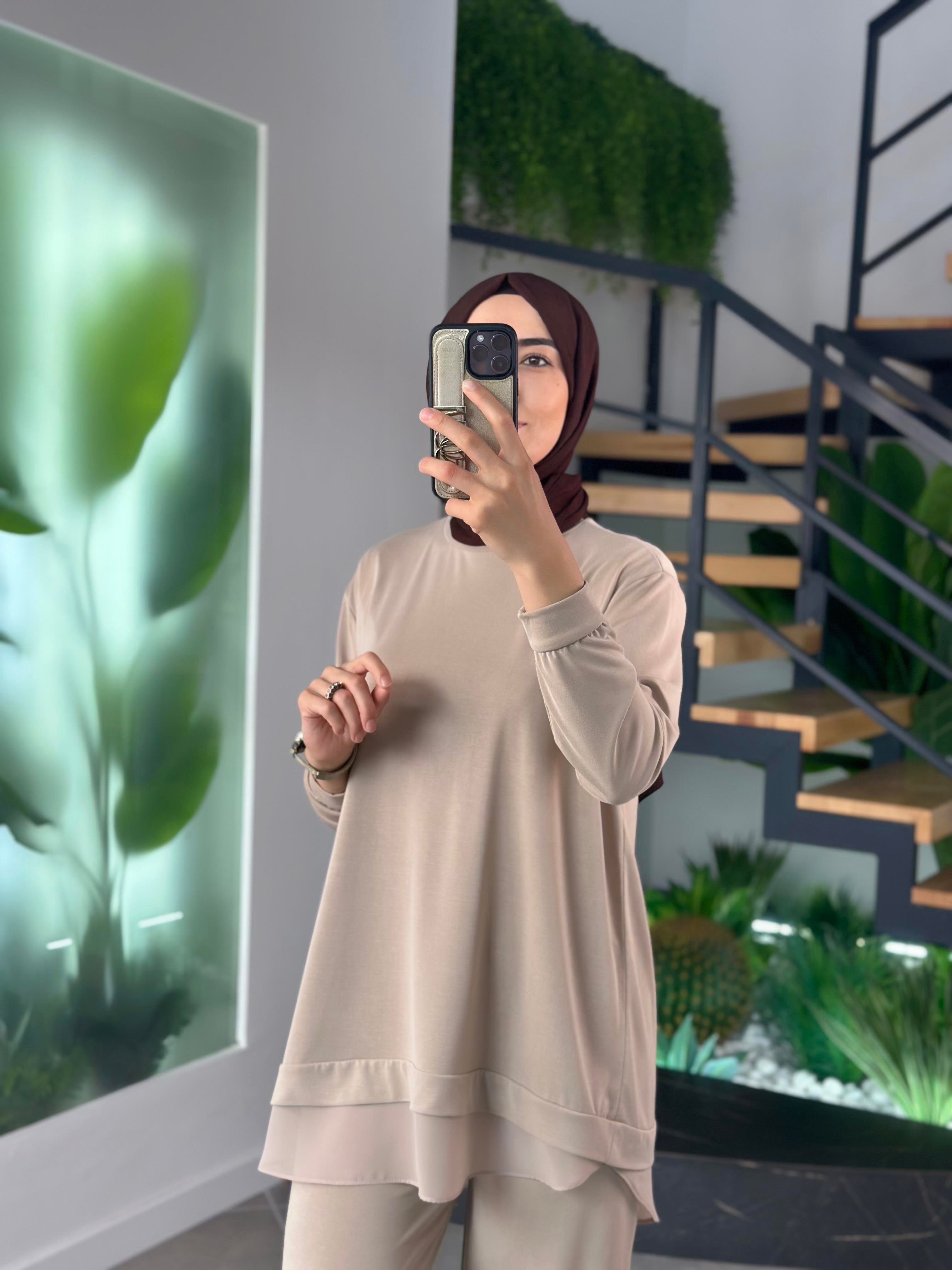 Modal Kumaş Tül Detaylı Bej Renk Kadın Pantolonlu Takım