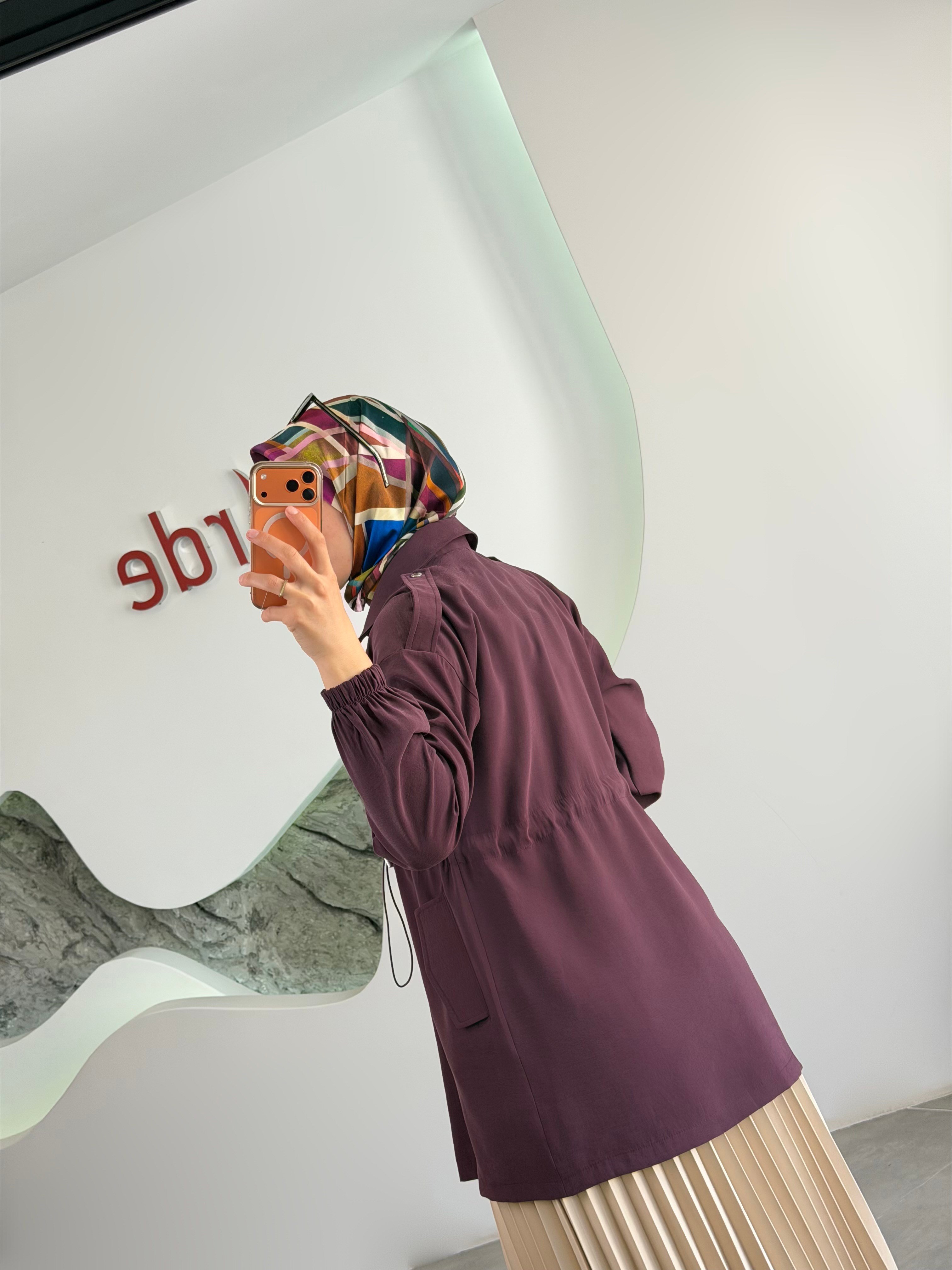 Mürdüm Renk Beli Tünelli Bomber Ceket