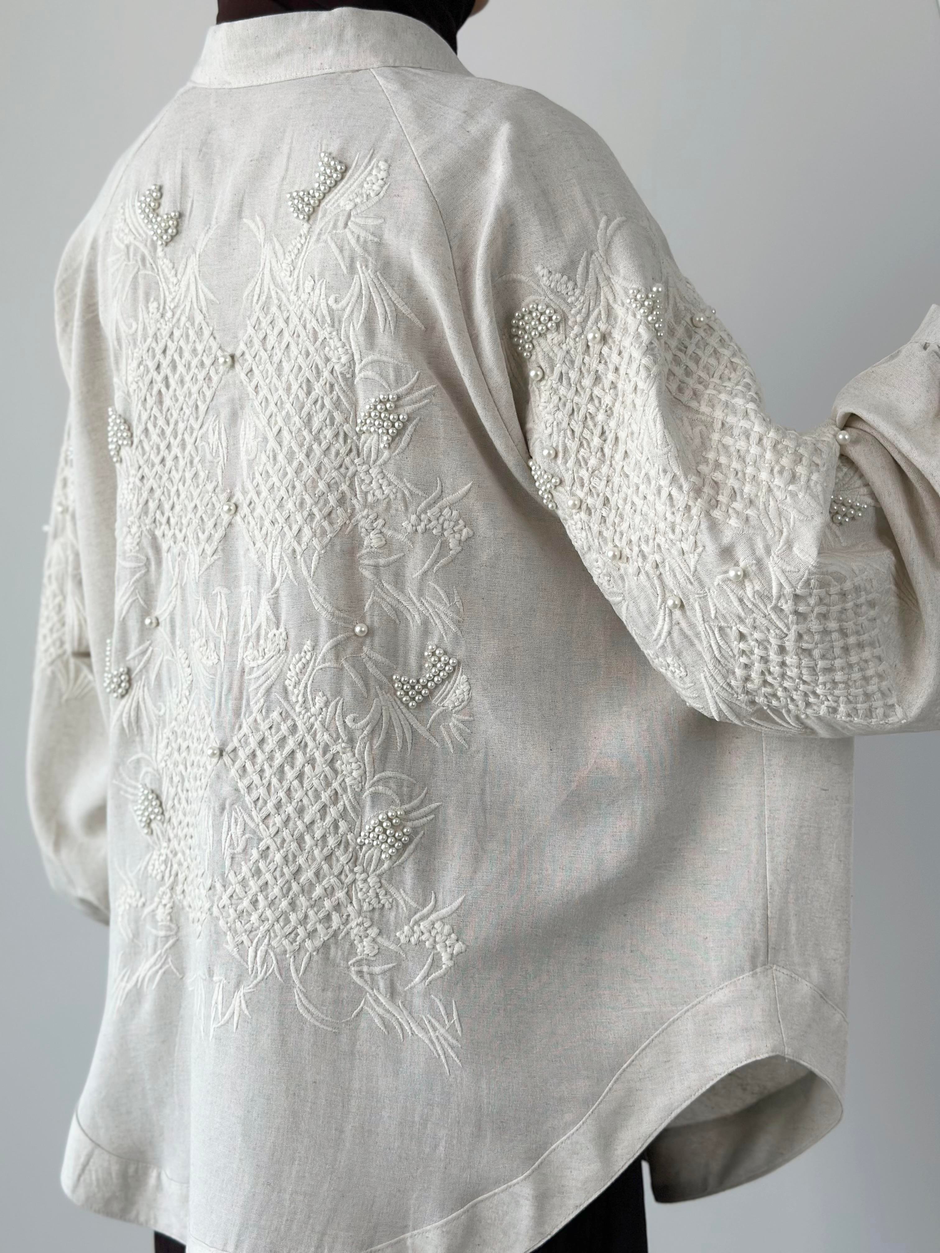 Natural Kumaş İnci İşlemeli Orjinal Renk Kadın Kimono