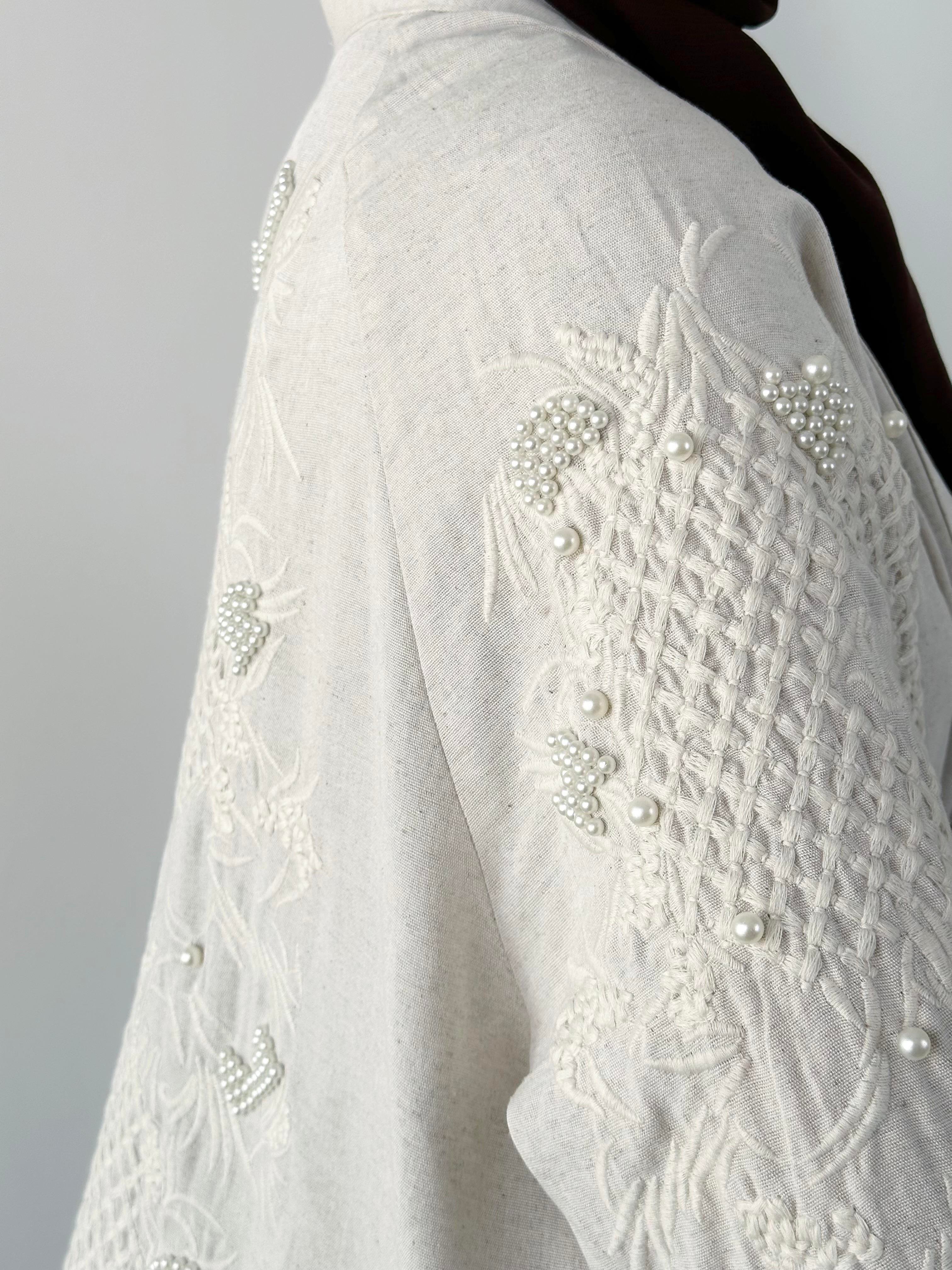 Natural Kumaş İnci İşlemeli Orjinal Renk Kadın Kimono