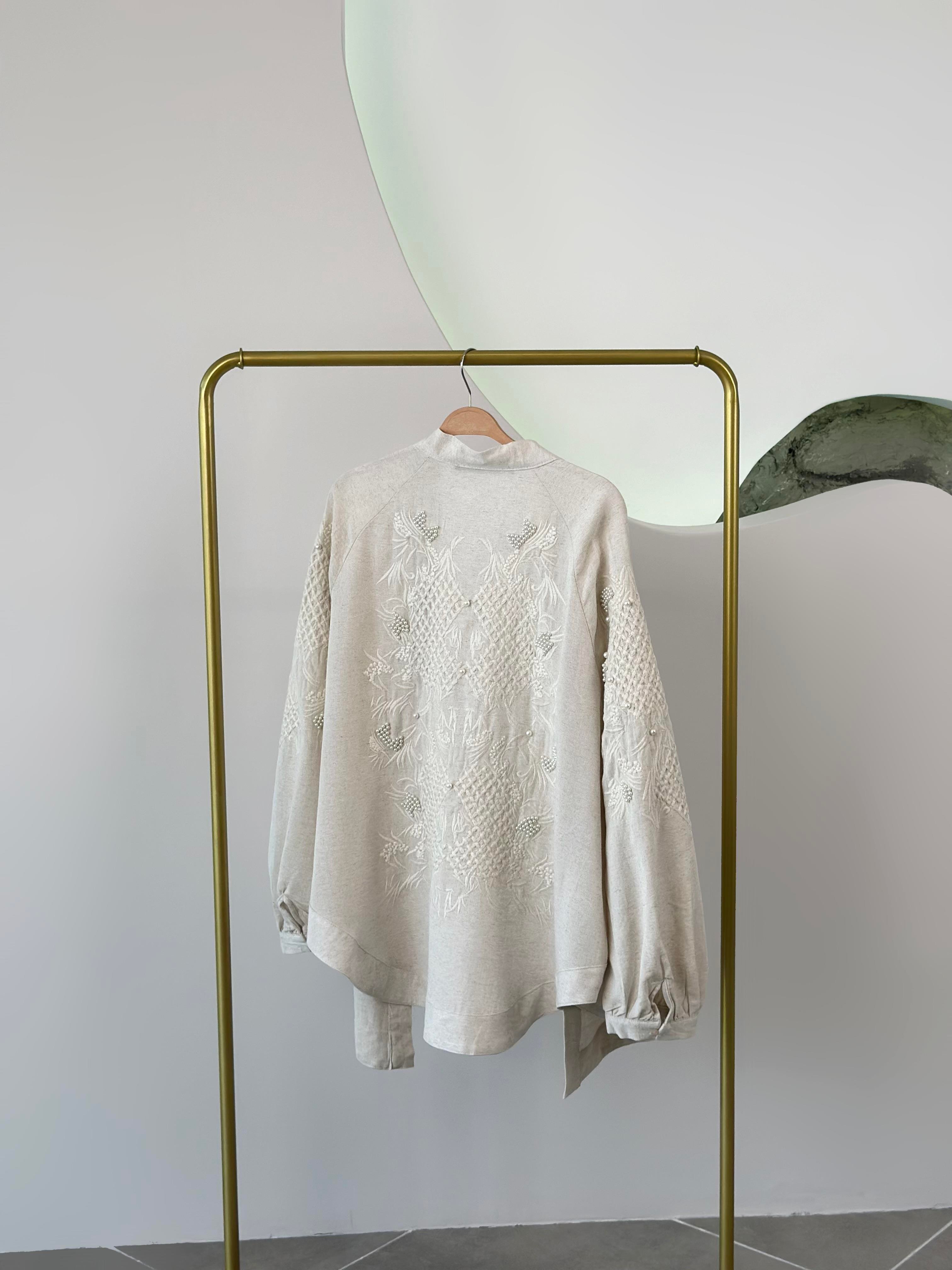 Natural Kumaş İnci İşlemeli Orjinal Renk Kadın Kimono