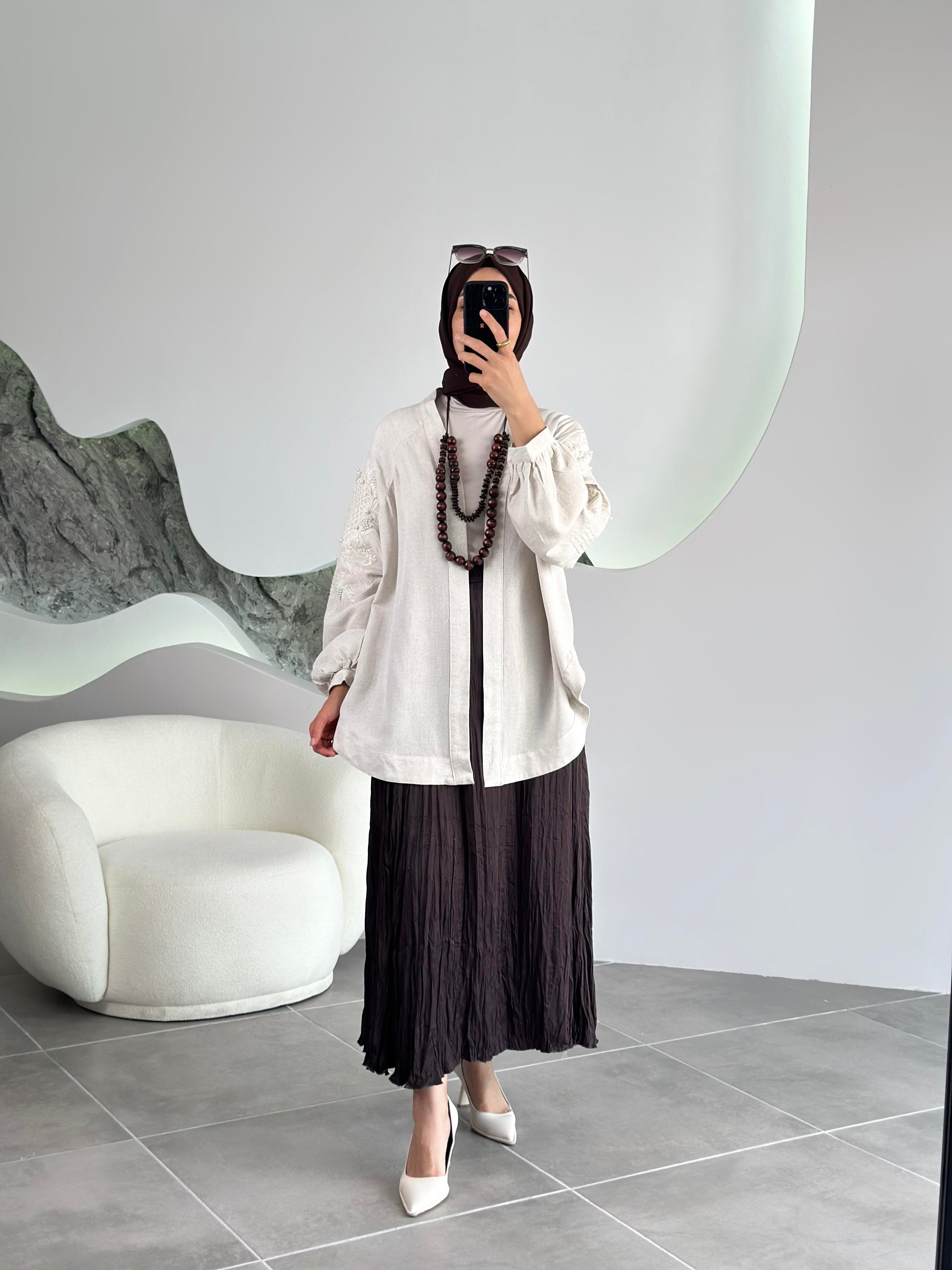 Natural Kumaş İnci İşlemeli Orjinal Renk Kadın Kimono