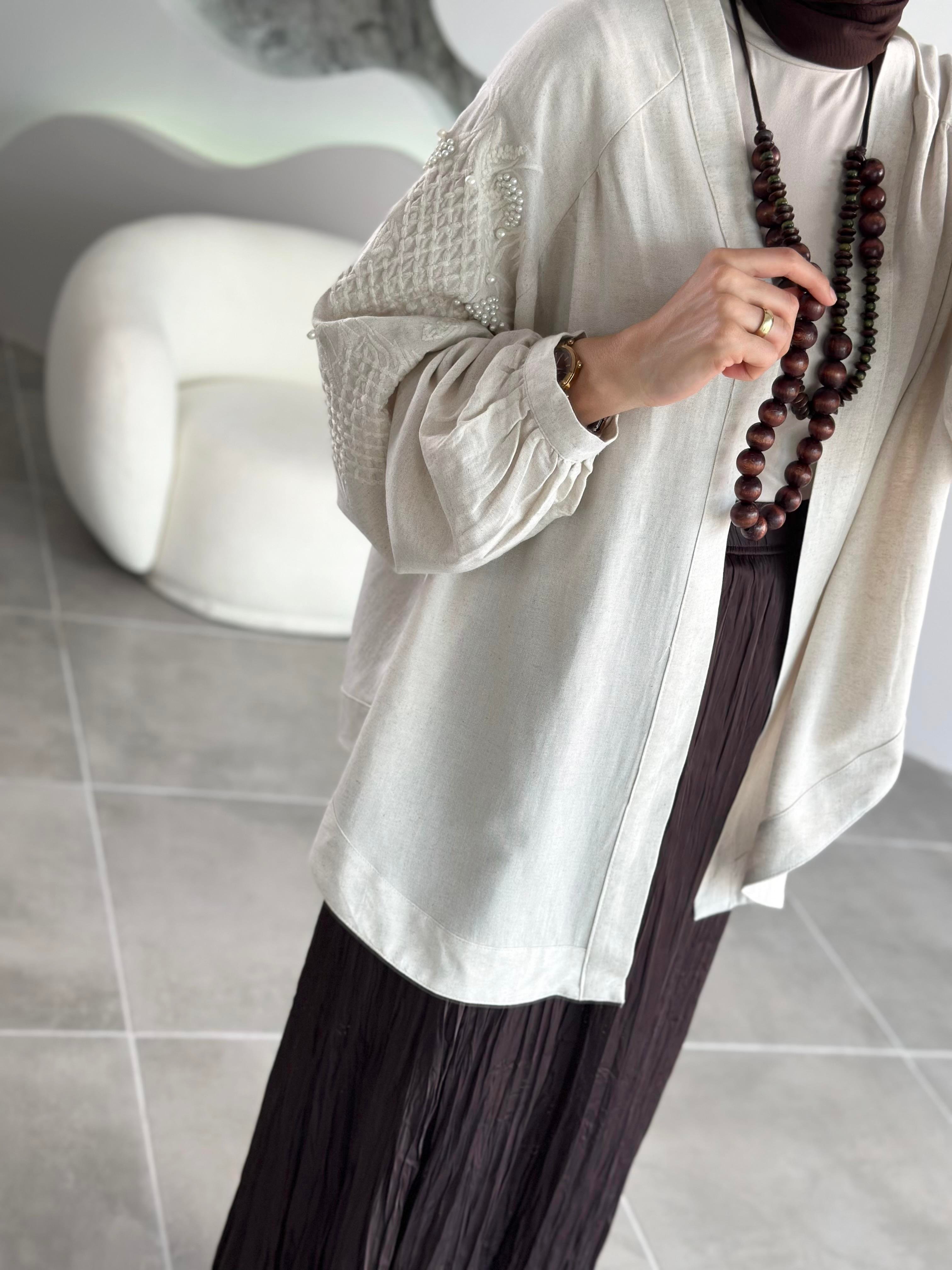 Natural Kumaş İnci İşlemeli Orjinal Renk Kadın Kimono