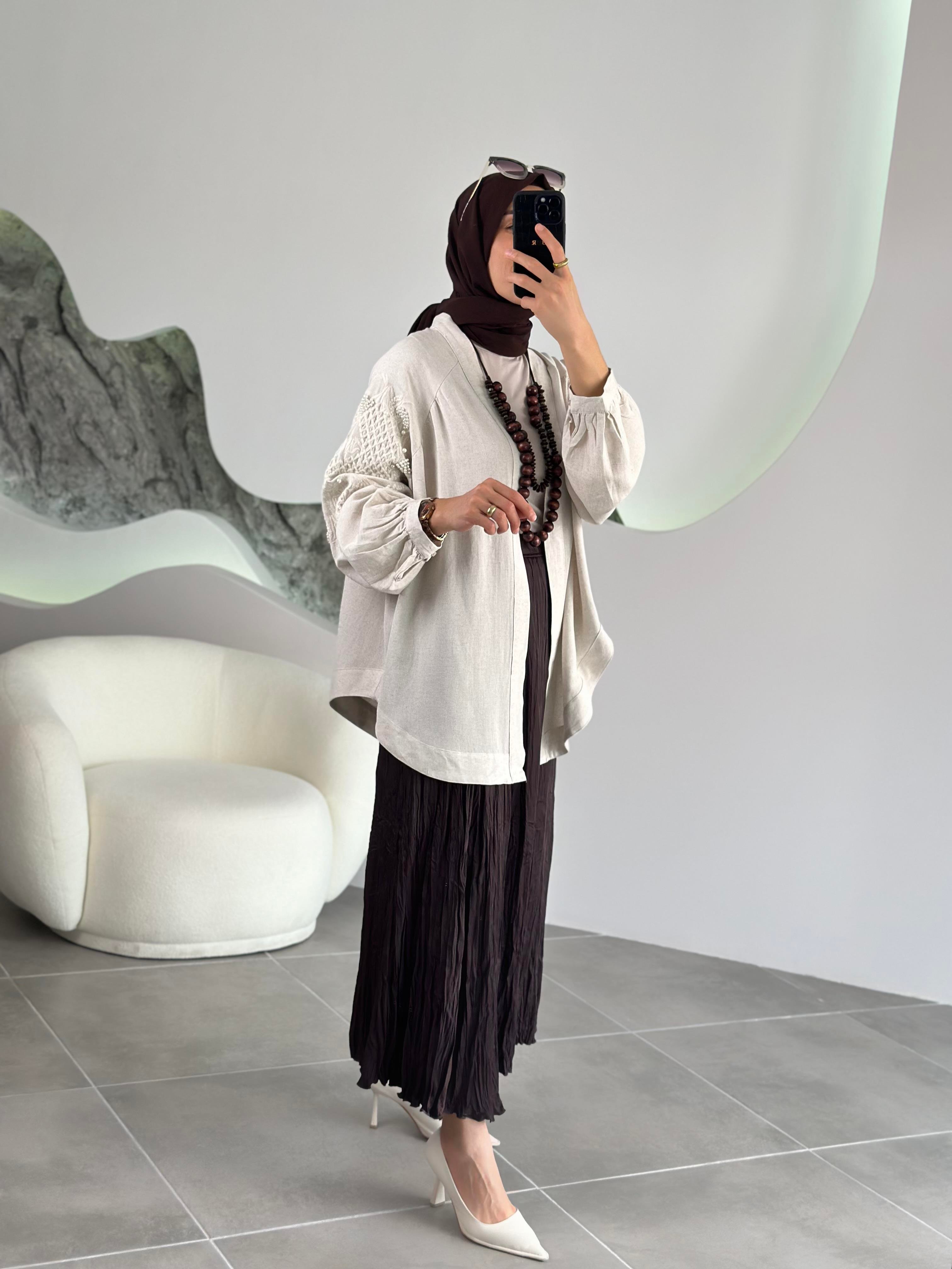Natural Kumaş İnci İşlemeli Orjinal Renk Kadın Kimono