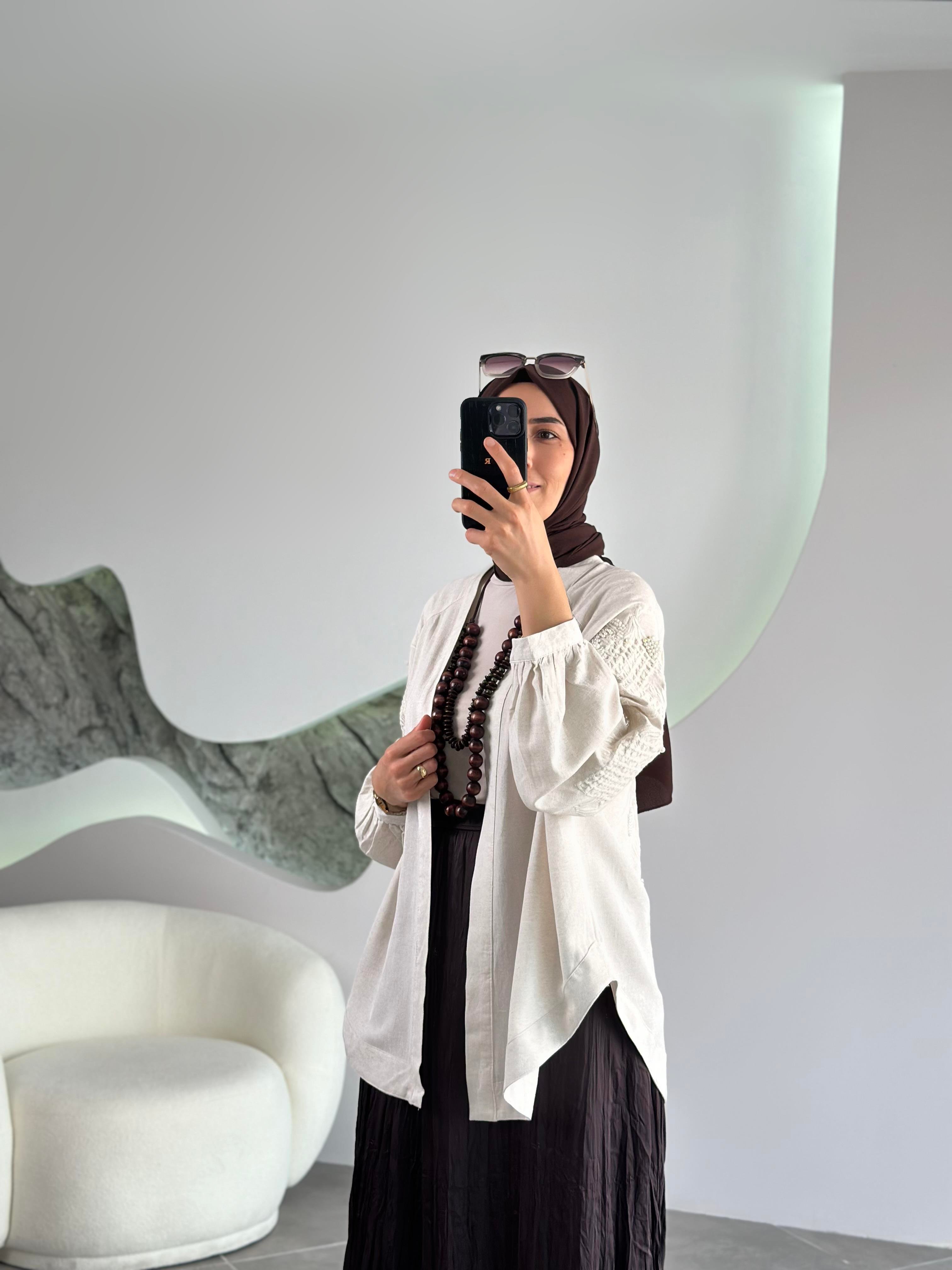 Natural Kumaş İnci İşlemeli Orjinal Renk Kadın Kimono