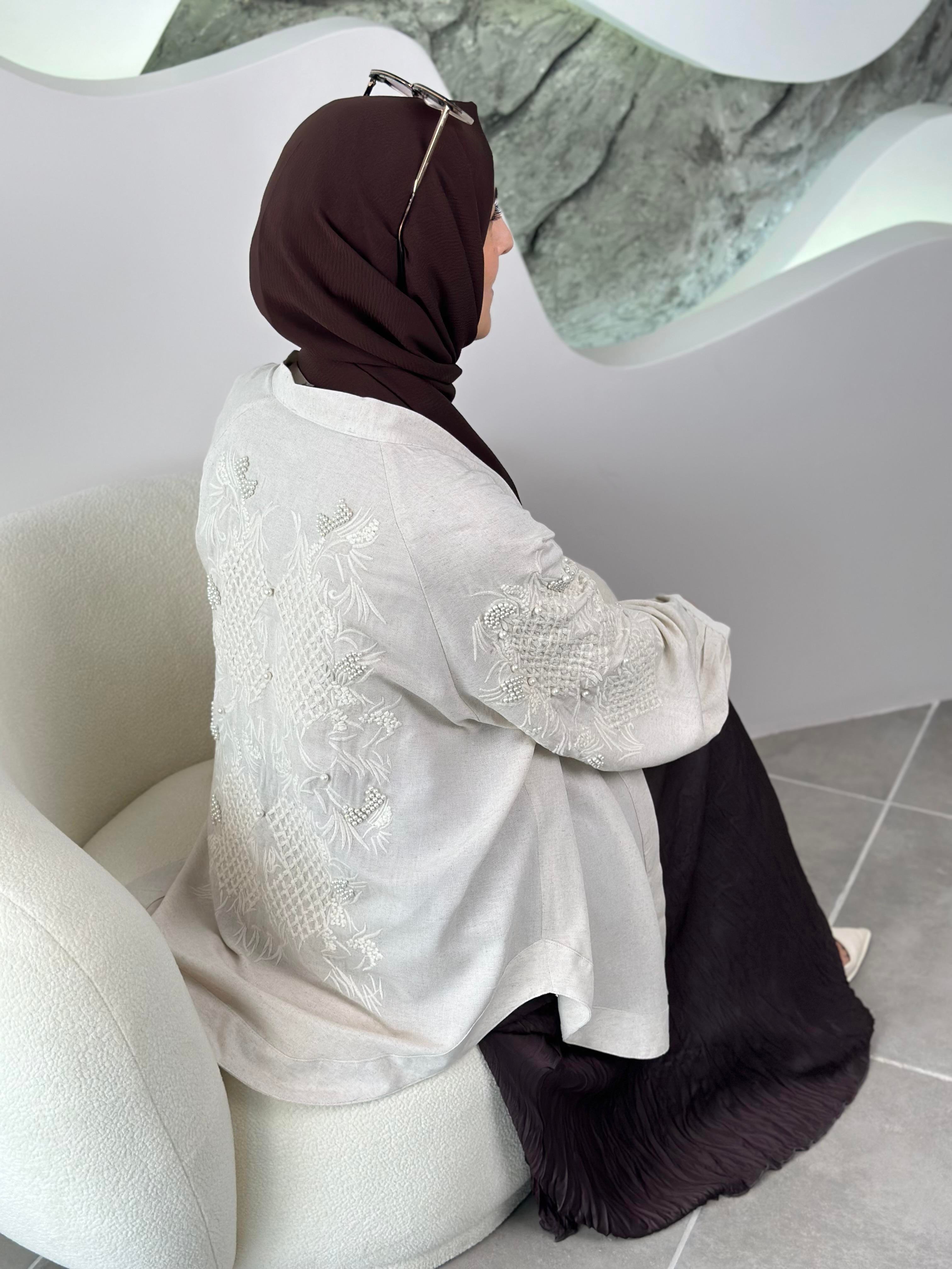 Natural Kumaş İnci İşlemeli Orjinal Renk Kadın Kimono