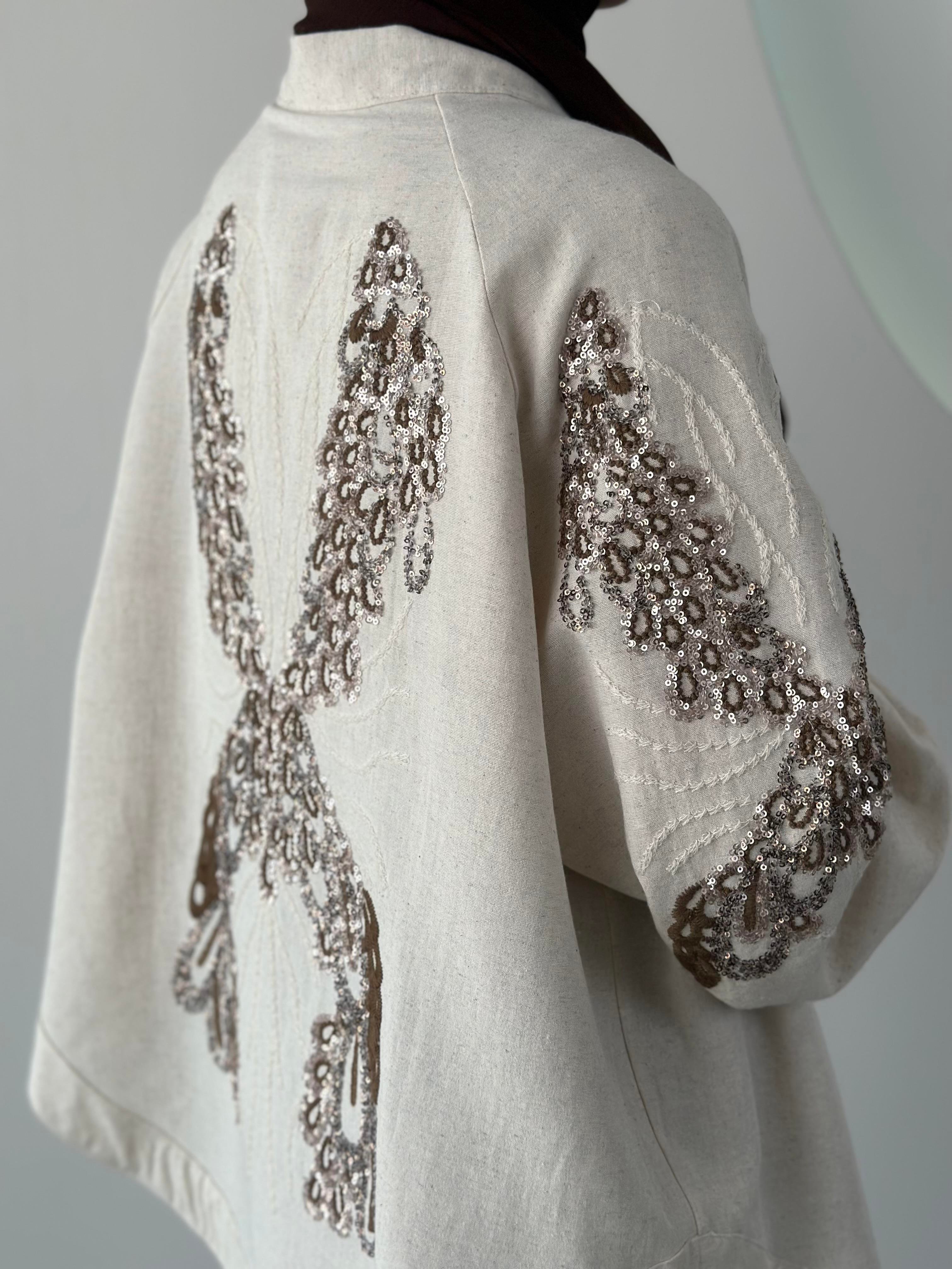 Natural Kumaş Nakışlı Ve Pul İşlemeli Bakır Renk Kadın Kimono