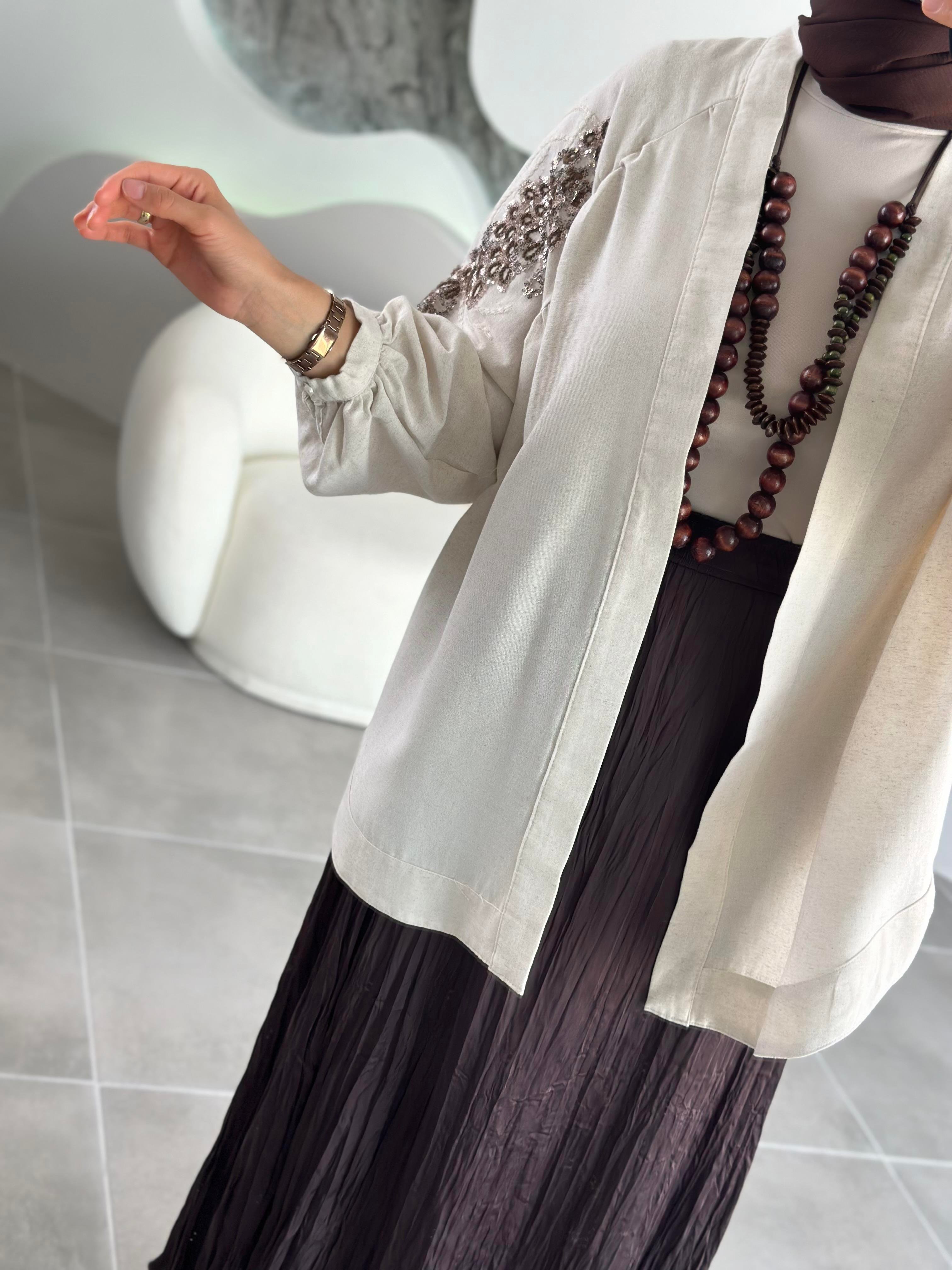 Natural Kumaş Nakışlı Ve Pul İşlemeli Bakır Renk Kadın Kimono