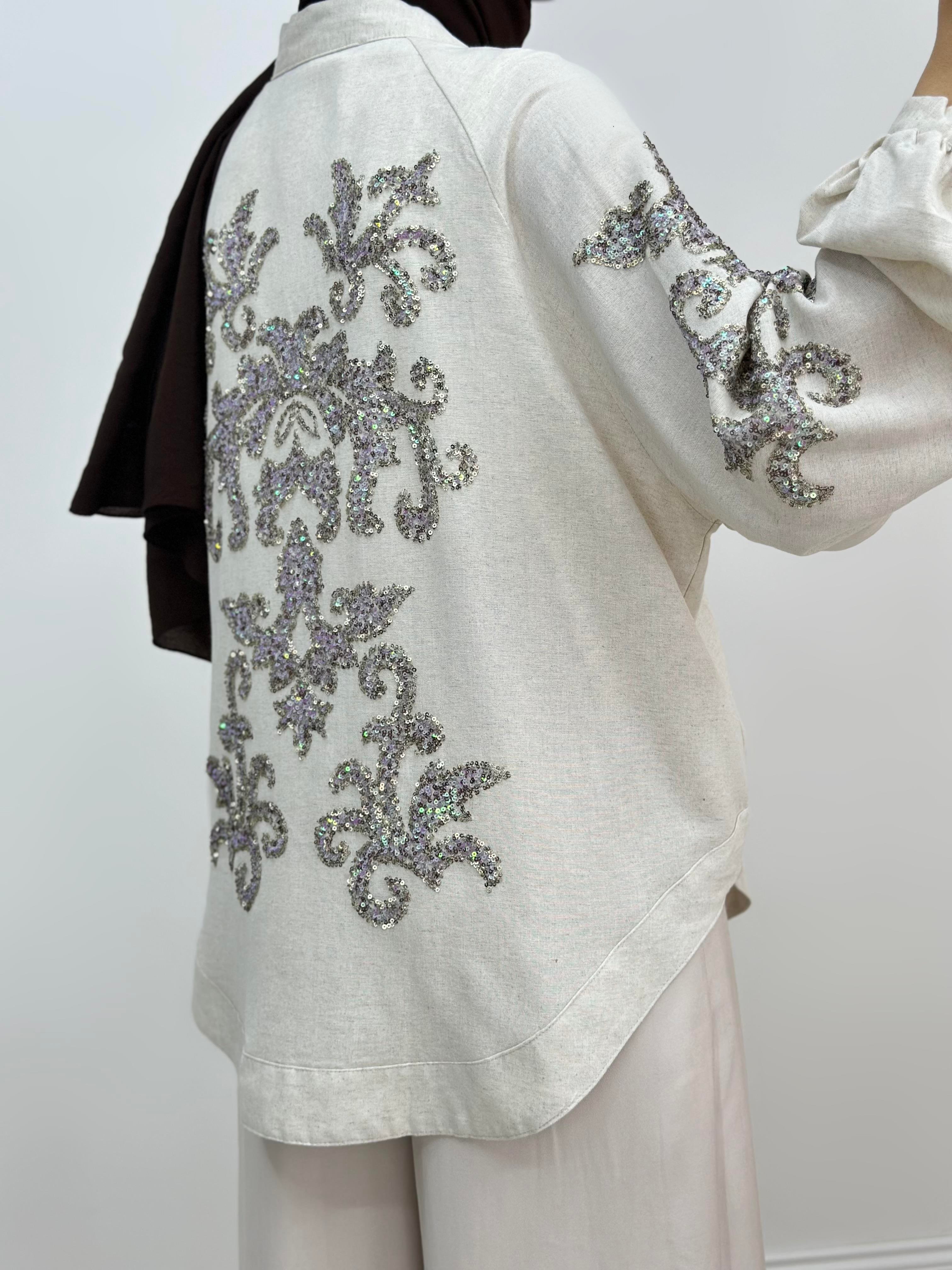 Natural Kumaş Nakışlı Ve Pul İşlemeli Kimono