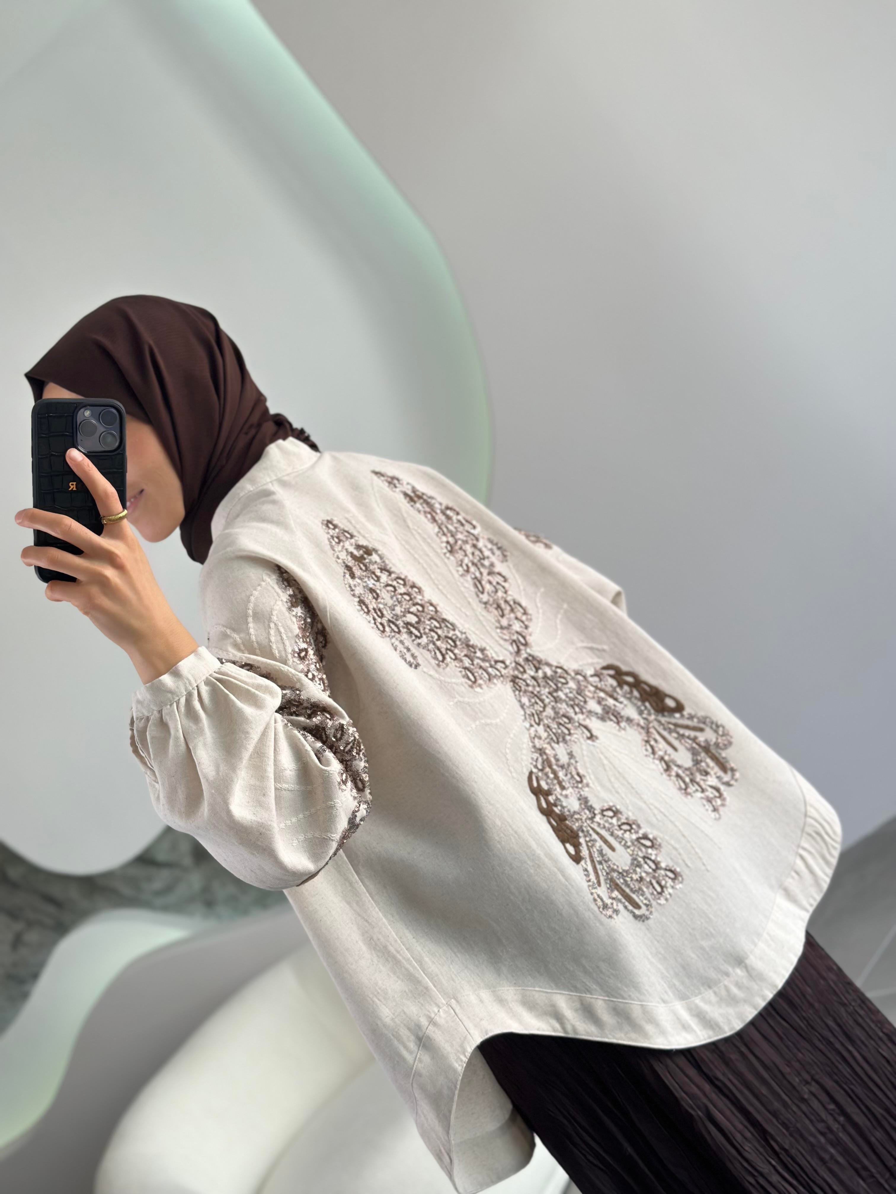 Natural Kumaş Nakışlı Ve Pul İşlemeli Bakır Renk Kadın Kimono