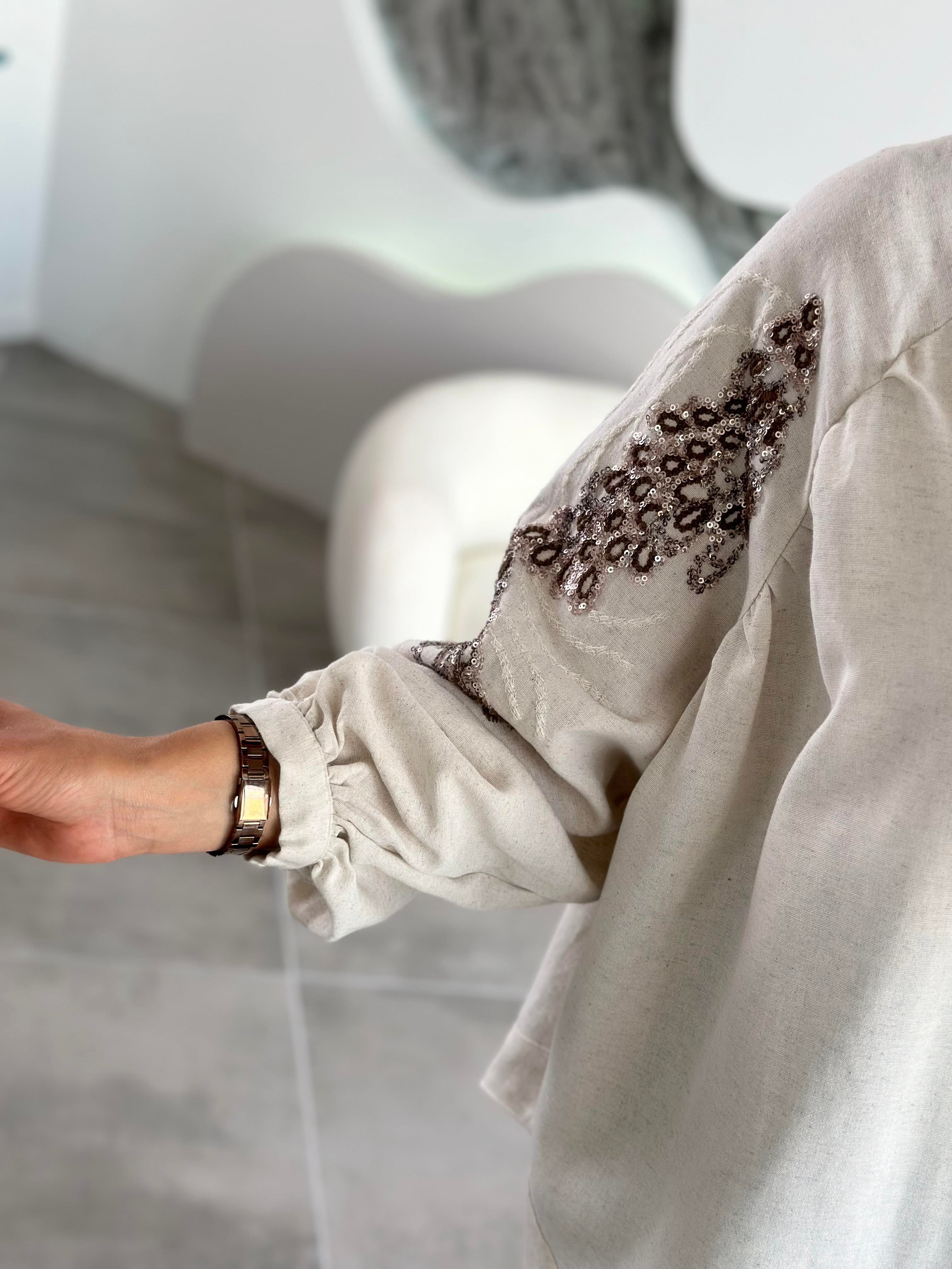 Natural Kumaş Nakışlı Ve Pul İşlemeli Bakır Renk Kadın Kimono