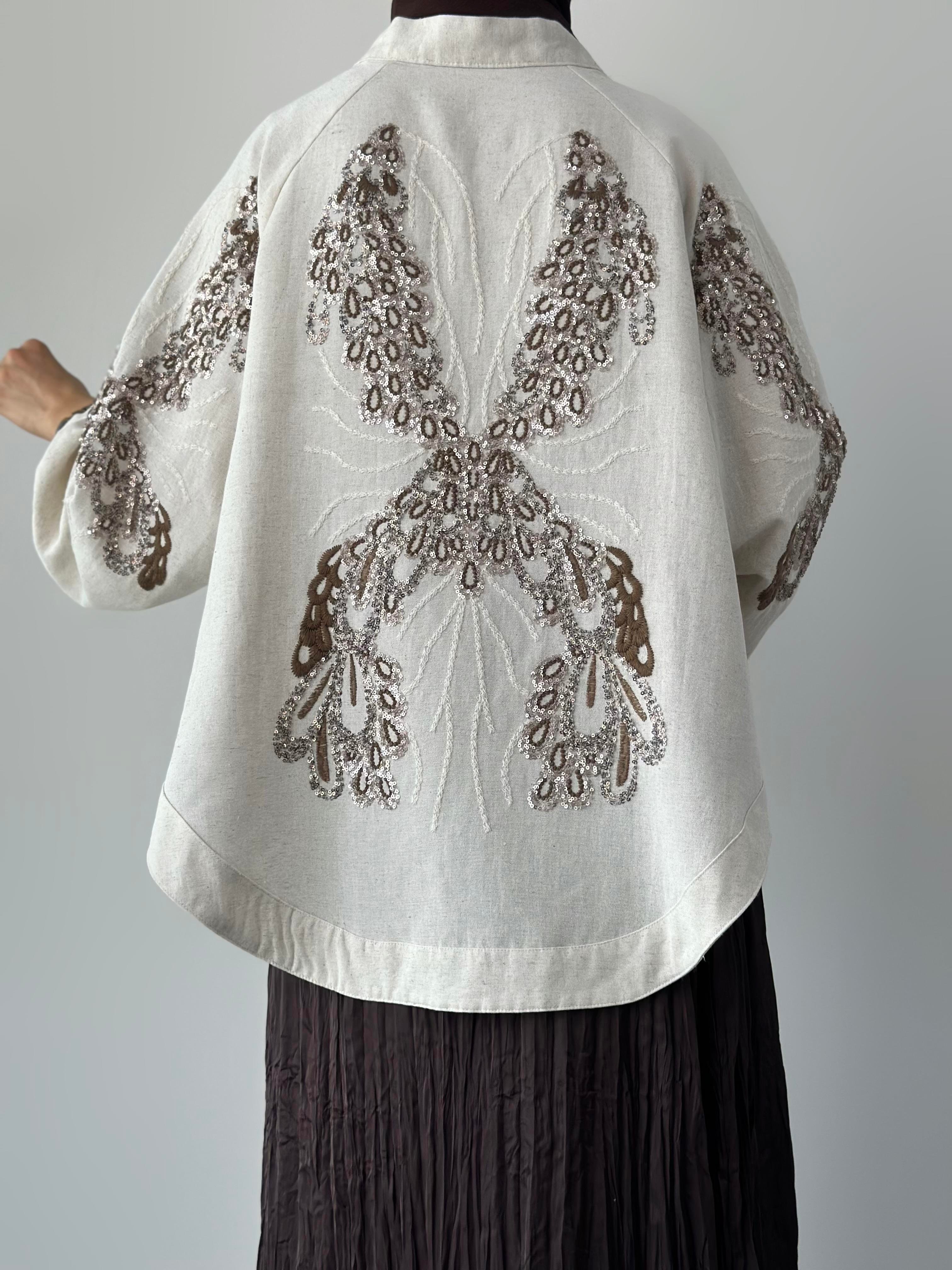 Natural Kumaş Nakışlı Ve Pul İşlemeli Bakır Renk Kadın Kimono