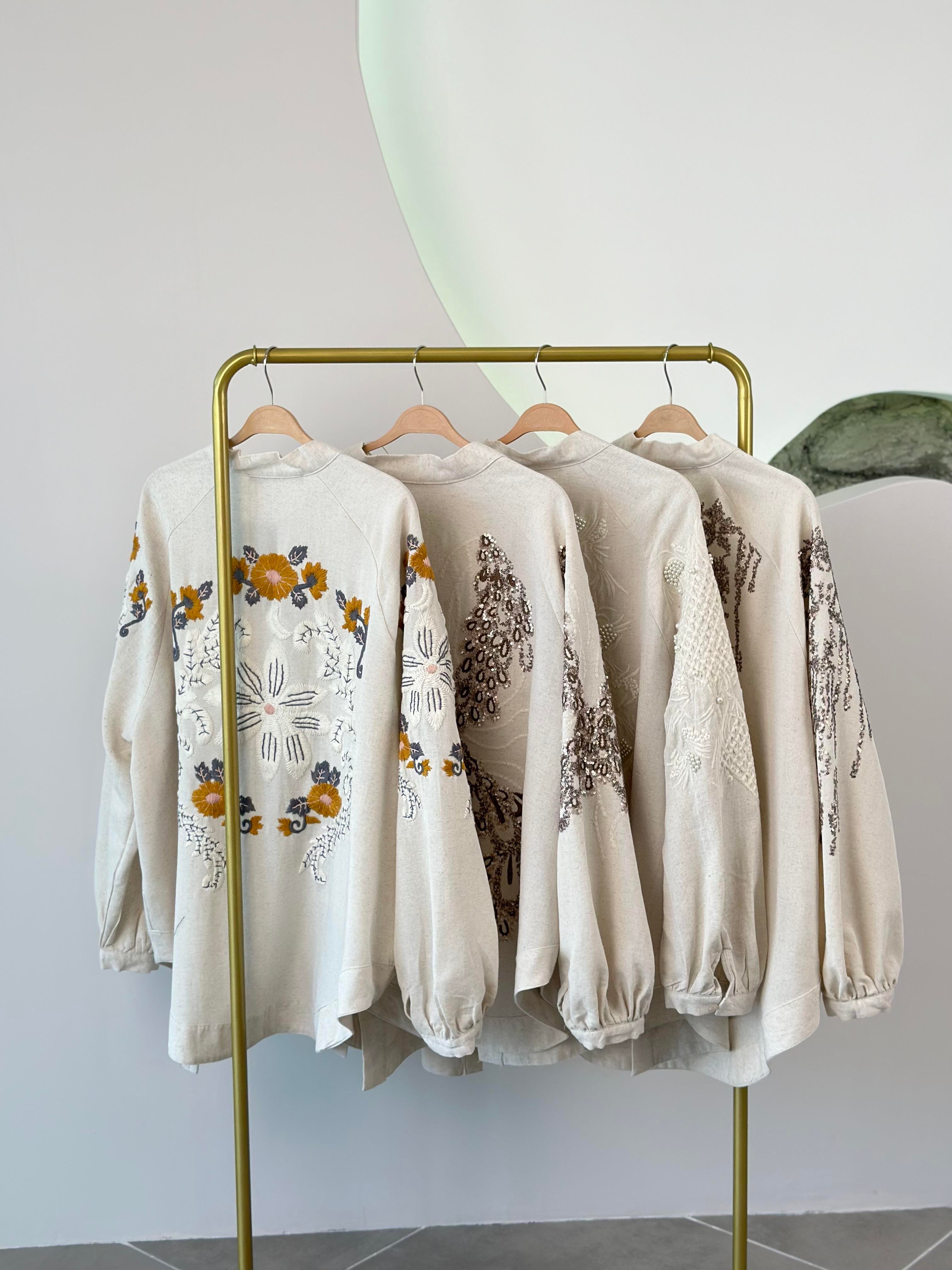 Natural Kumaş Pul Nakışlı Kahve Renk Kadın Kimono
