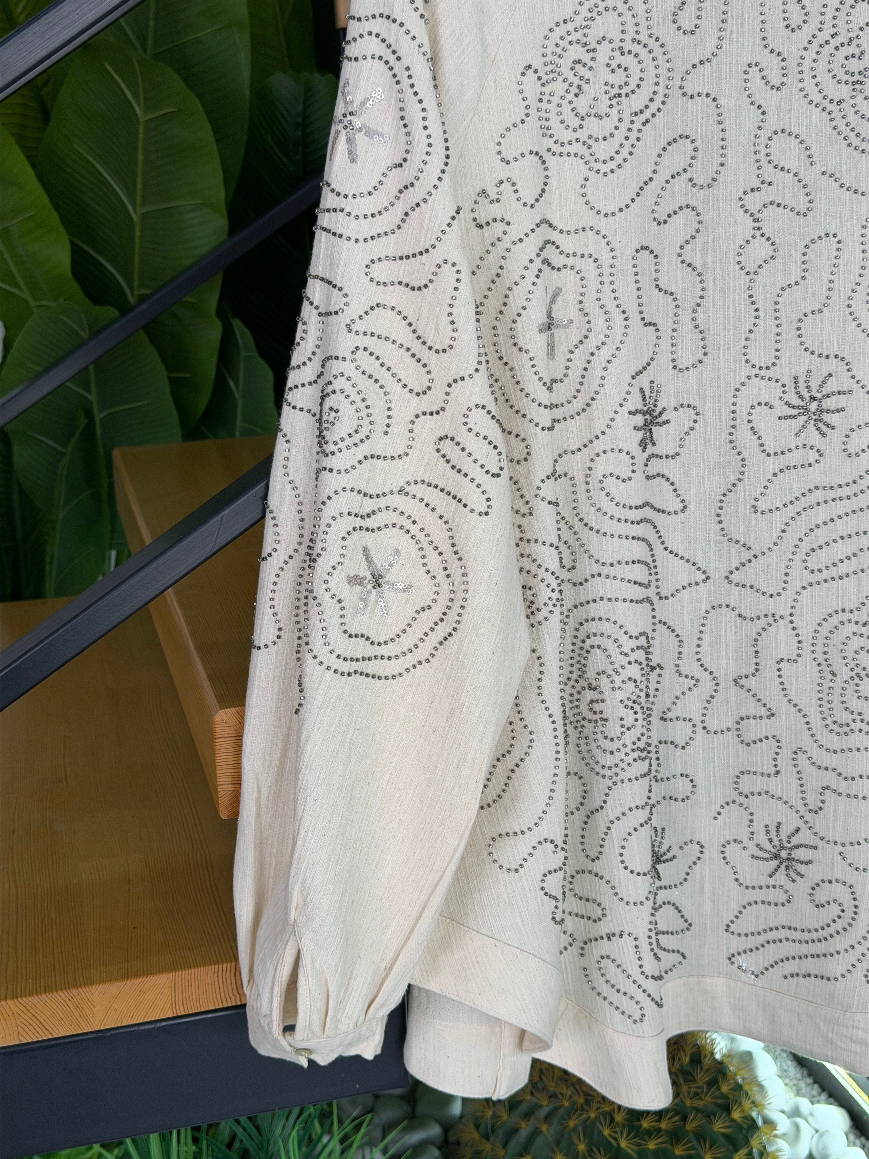 Naturel Renk Boncuk Ve Pulet İşlemeli Kimono