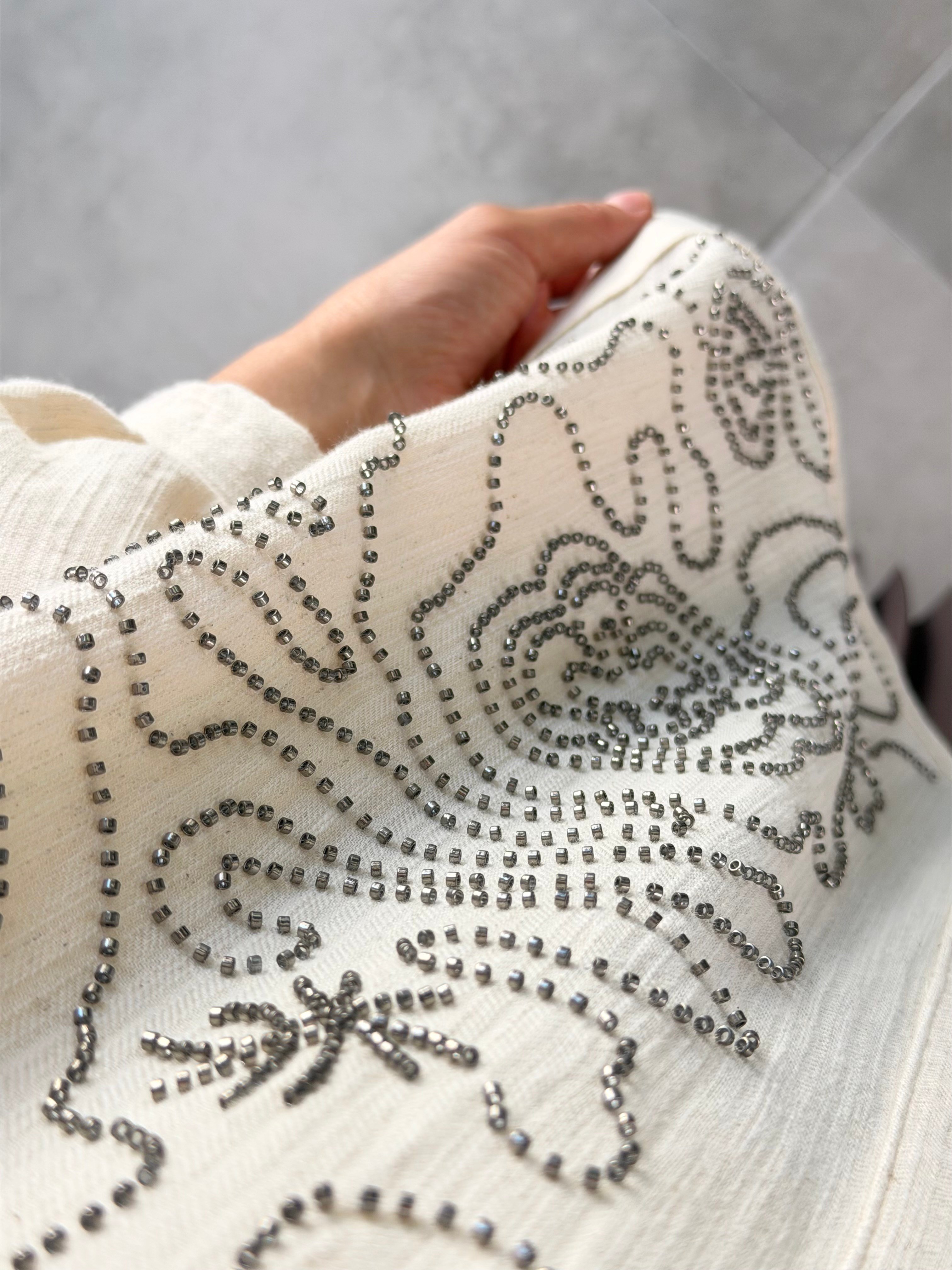 Naturel Renk Boncuk Ve Pulet İşlemeli Kimono