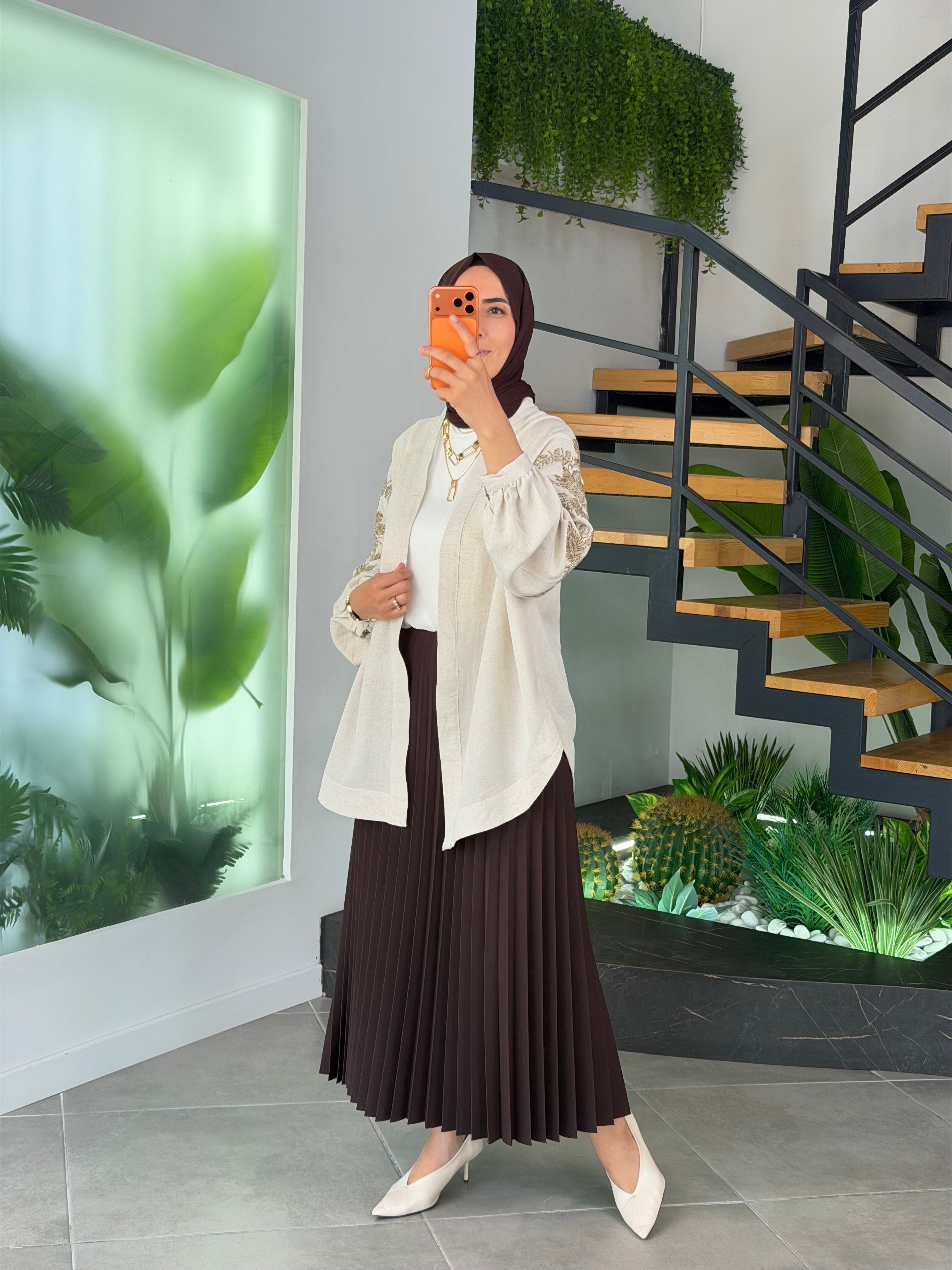 Naturel Renk Nakış işlemeli Keten Kimono