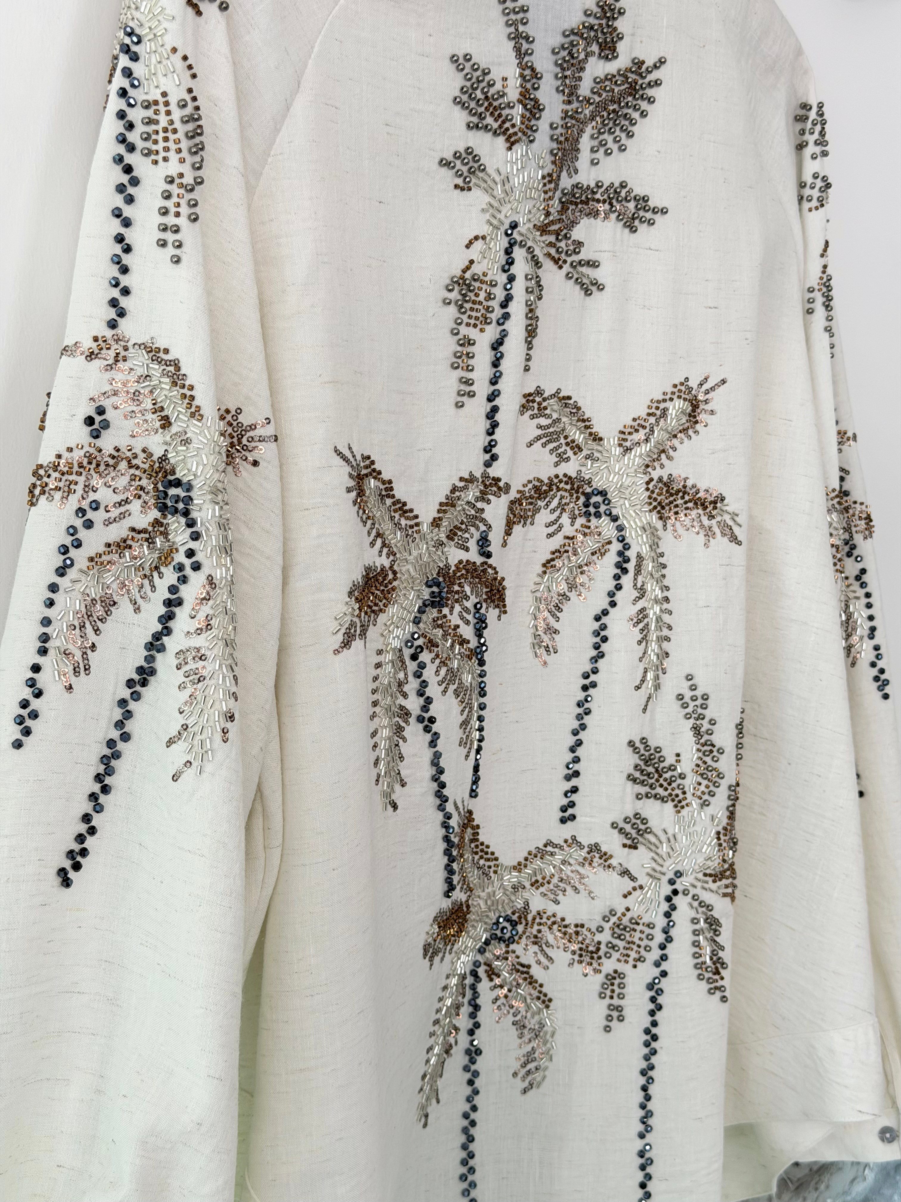 Naturel Renk Taş Boncuk İşlemeli Kimono