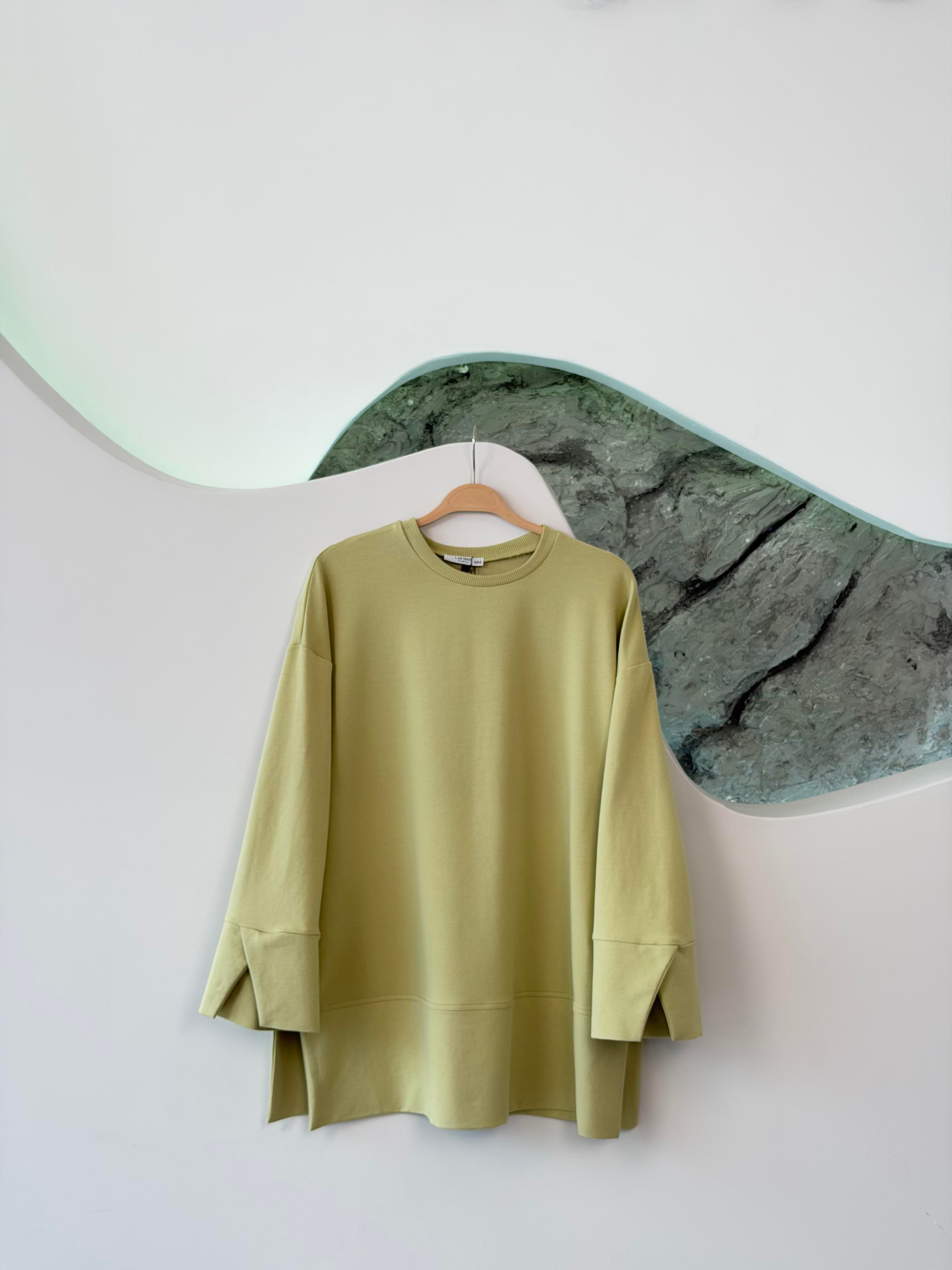 Olive Renk Yandan Yırtmaçlı Basıc Sweatshirt