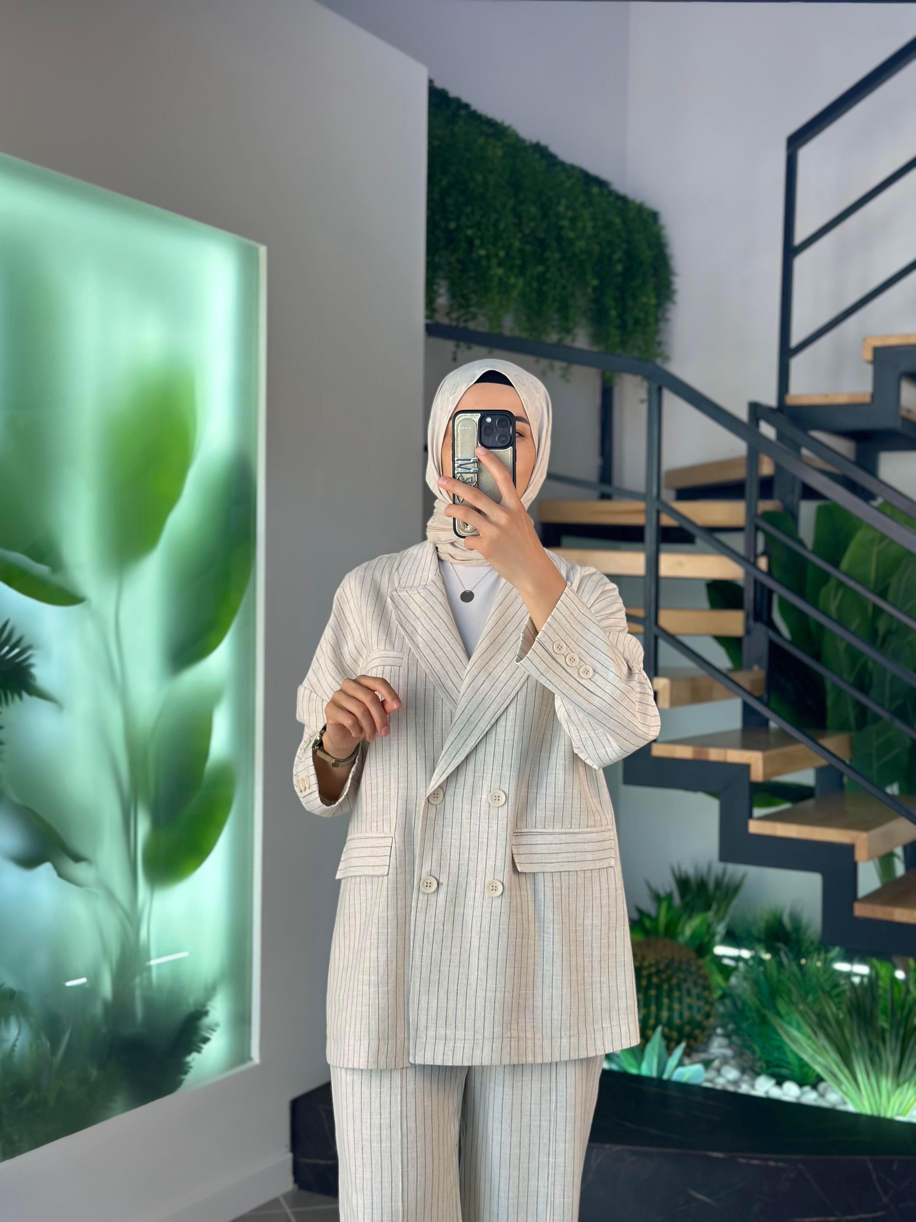 Oversize Çizgili Bej Renk Kadın Blazer Ceket