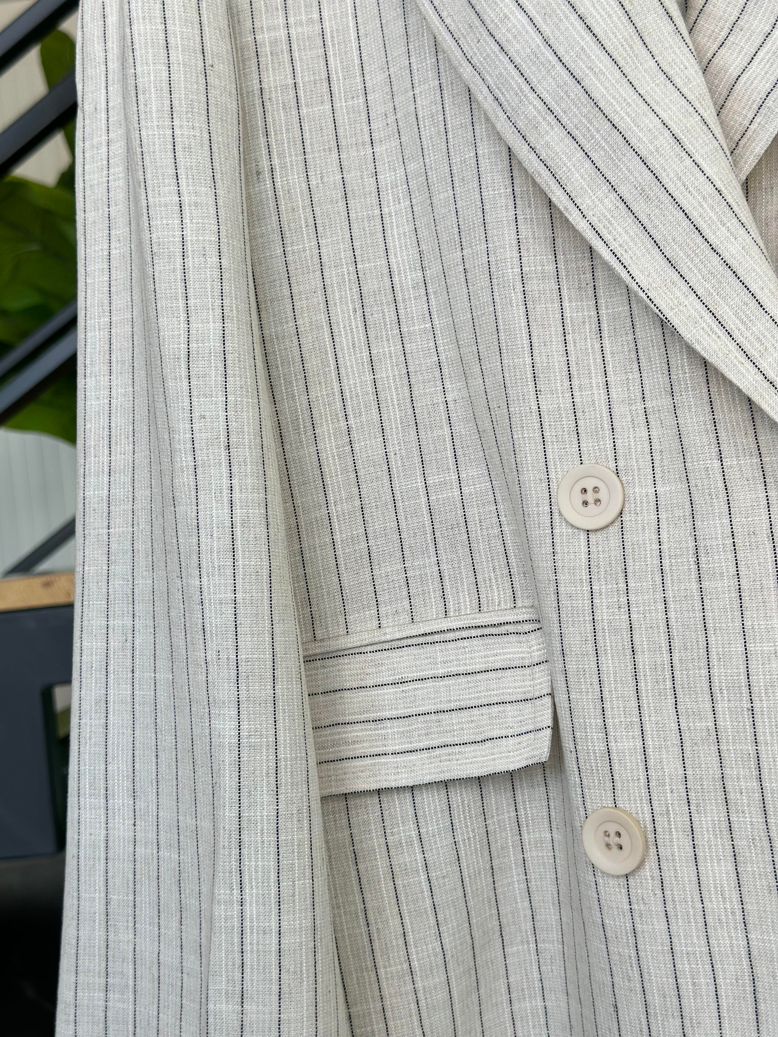 Oversize Çizgili Bej Renk Kadın Blazer Ceket