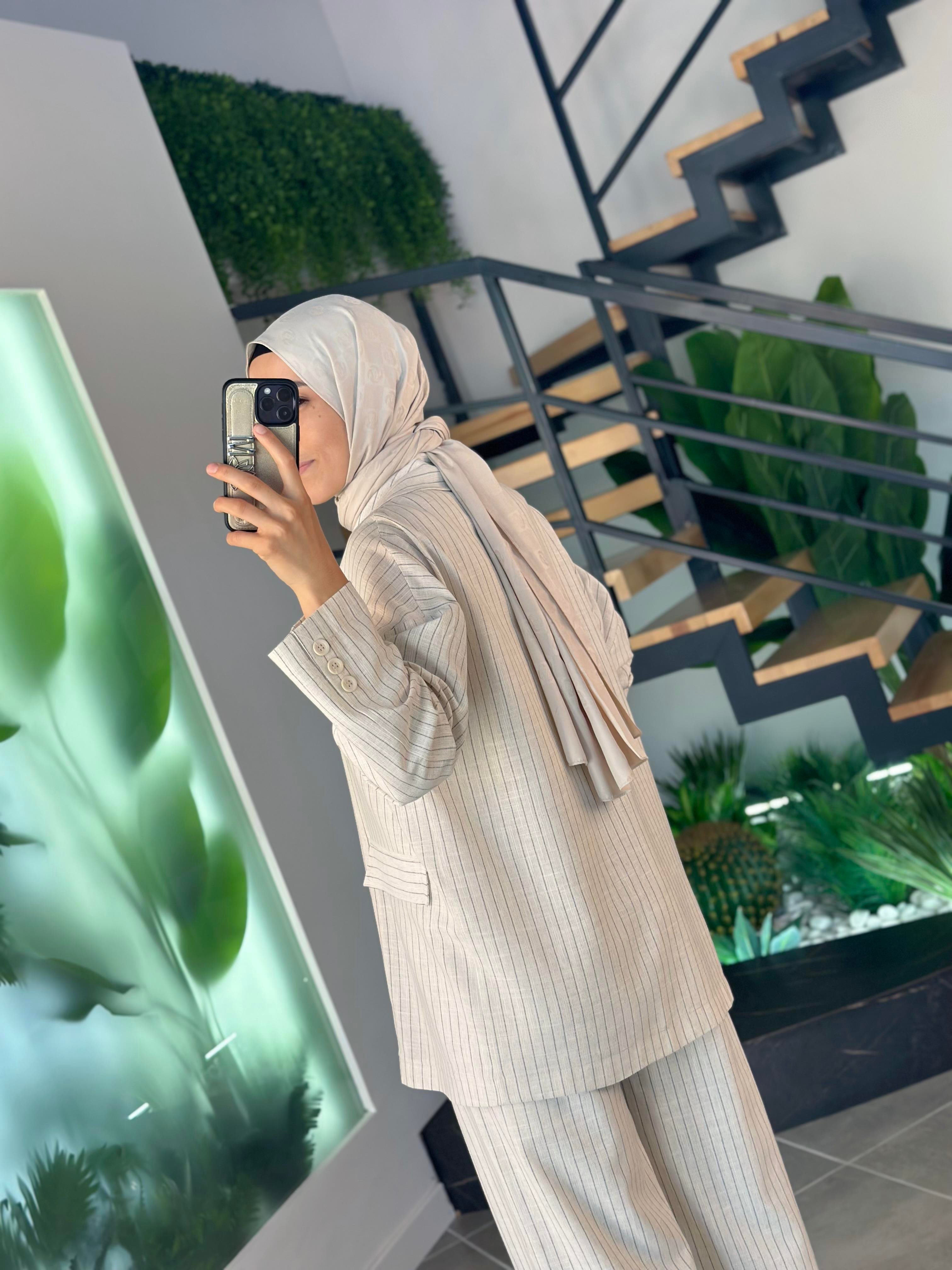Oversize Çizgili Bej Renk Kadın Blazer Ceket
