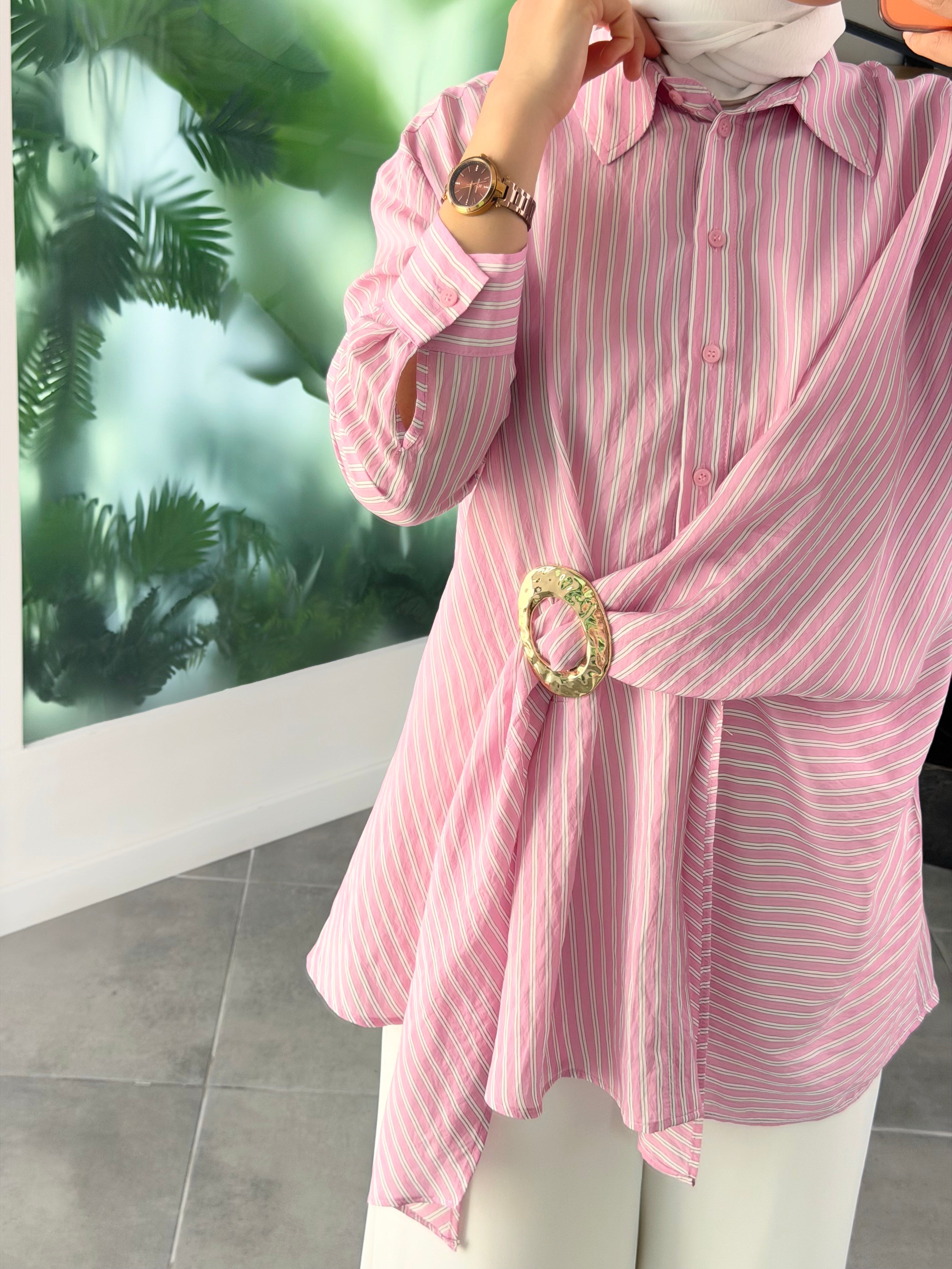 Pembe Renk Gold Tokalı Asimetrik Gömlek