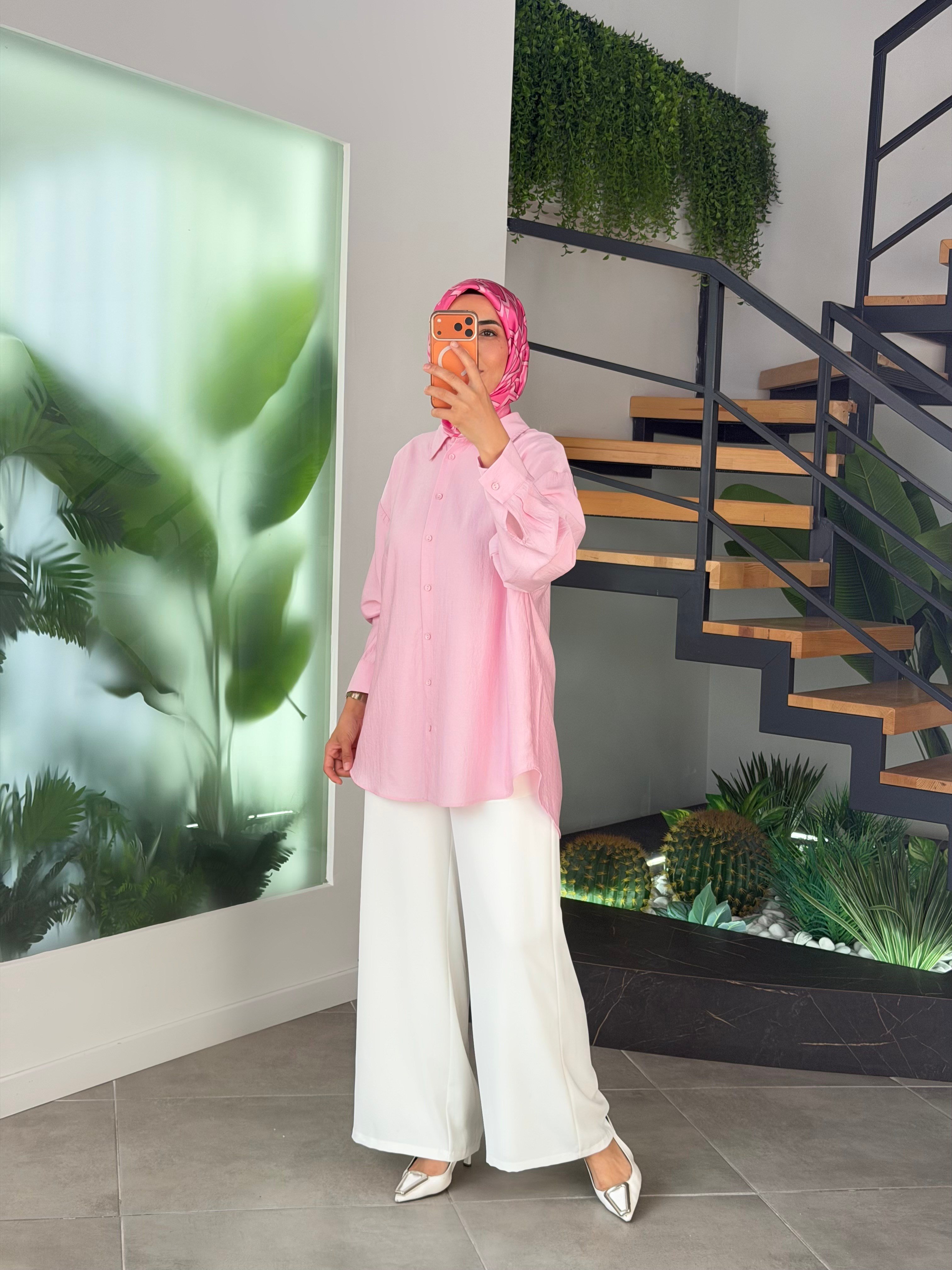 Pembe Renk Keten Görünümlü Oversize Gömlek