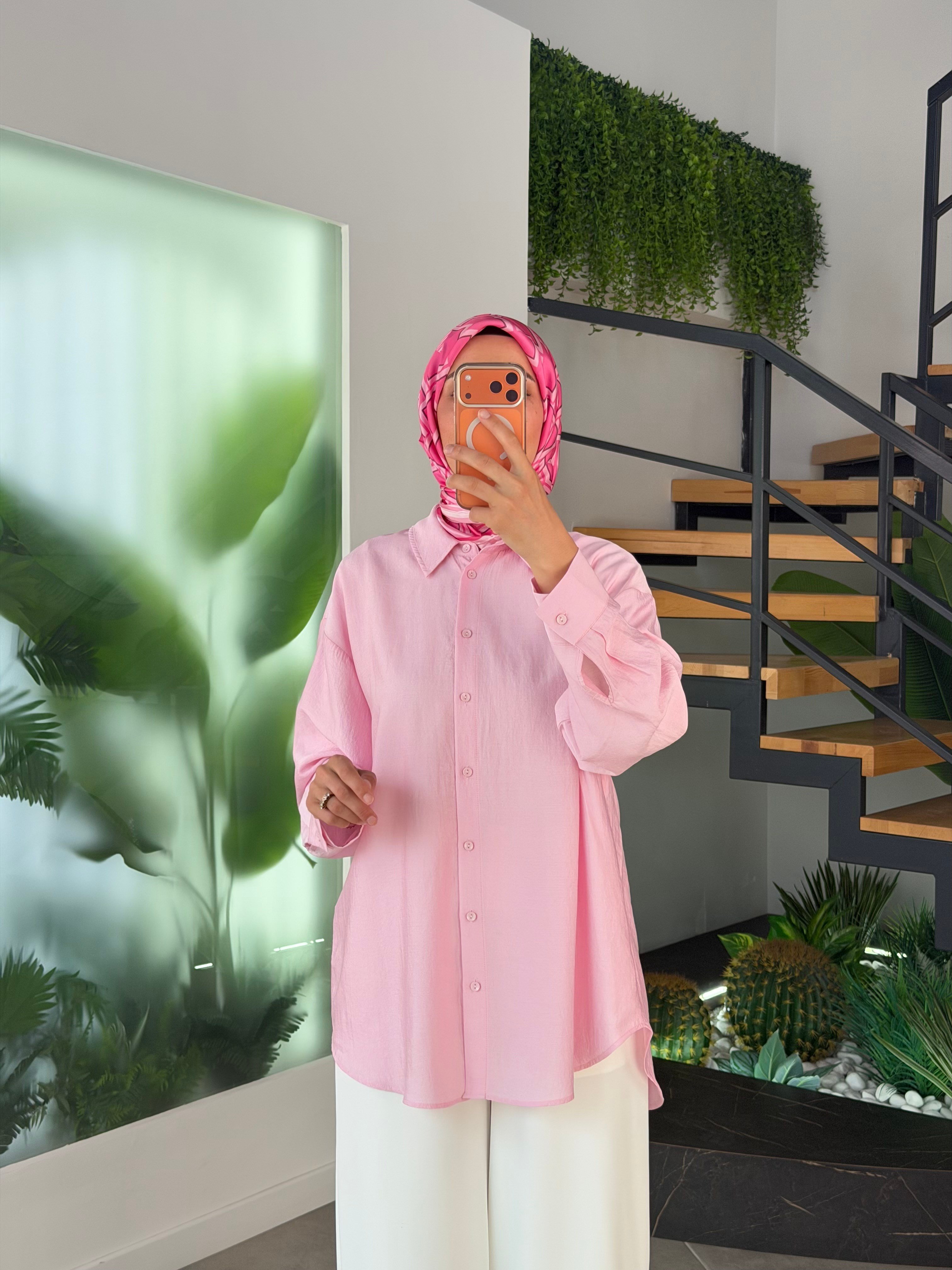 Pembe Renk Keten Görünümlü Oversize Gömlek