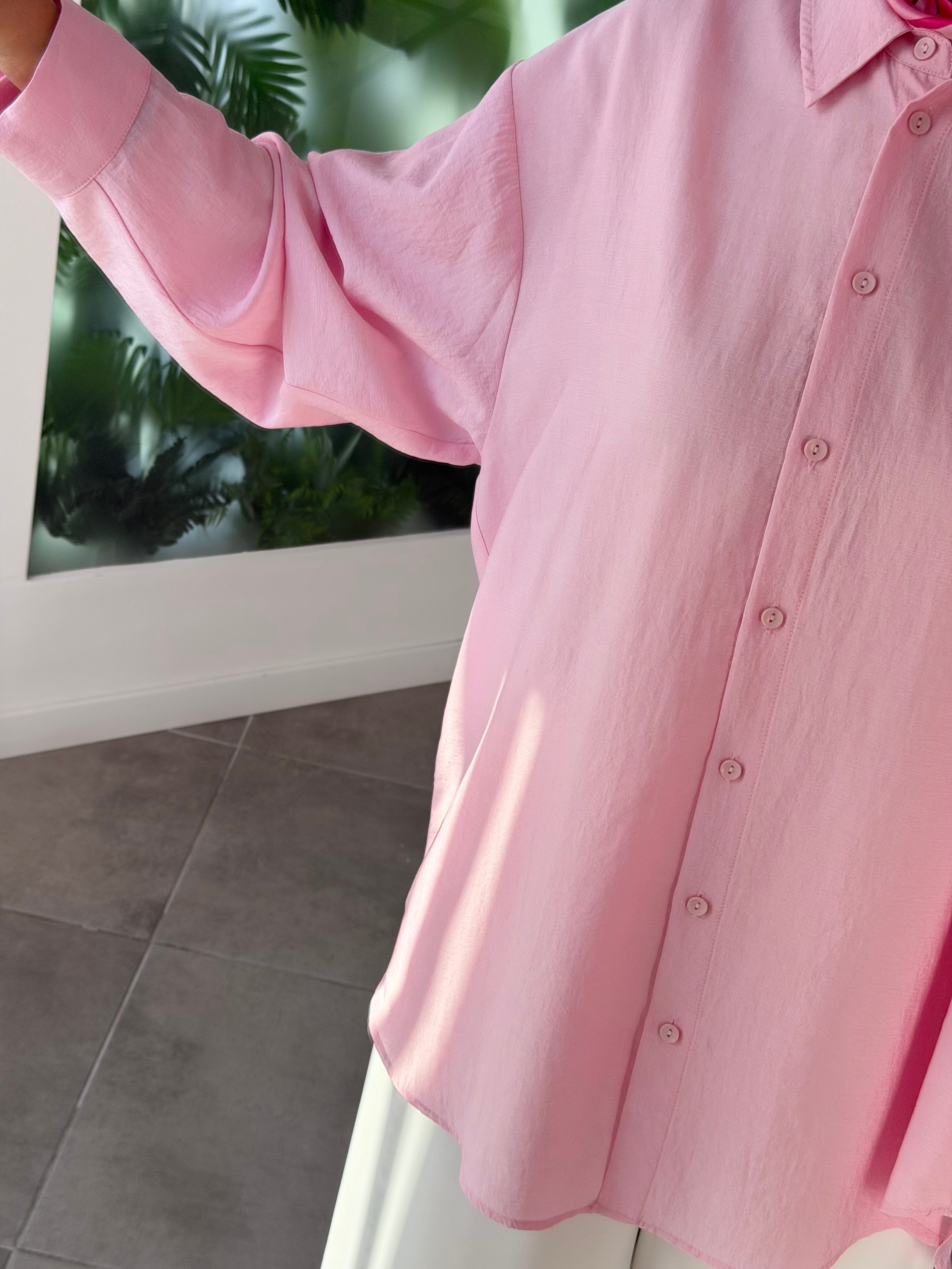 Pembe Renk Keten Görünümlü Oversize Gömlek
