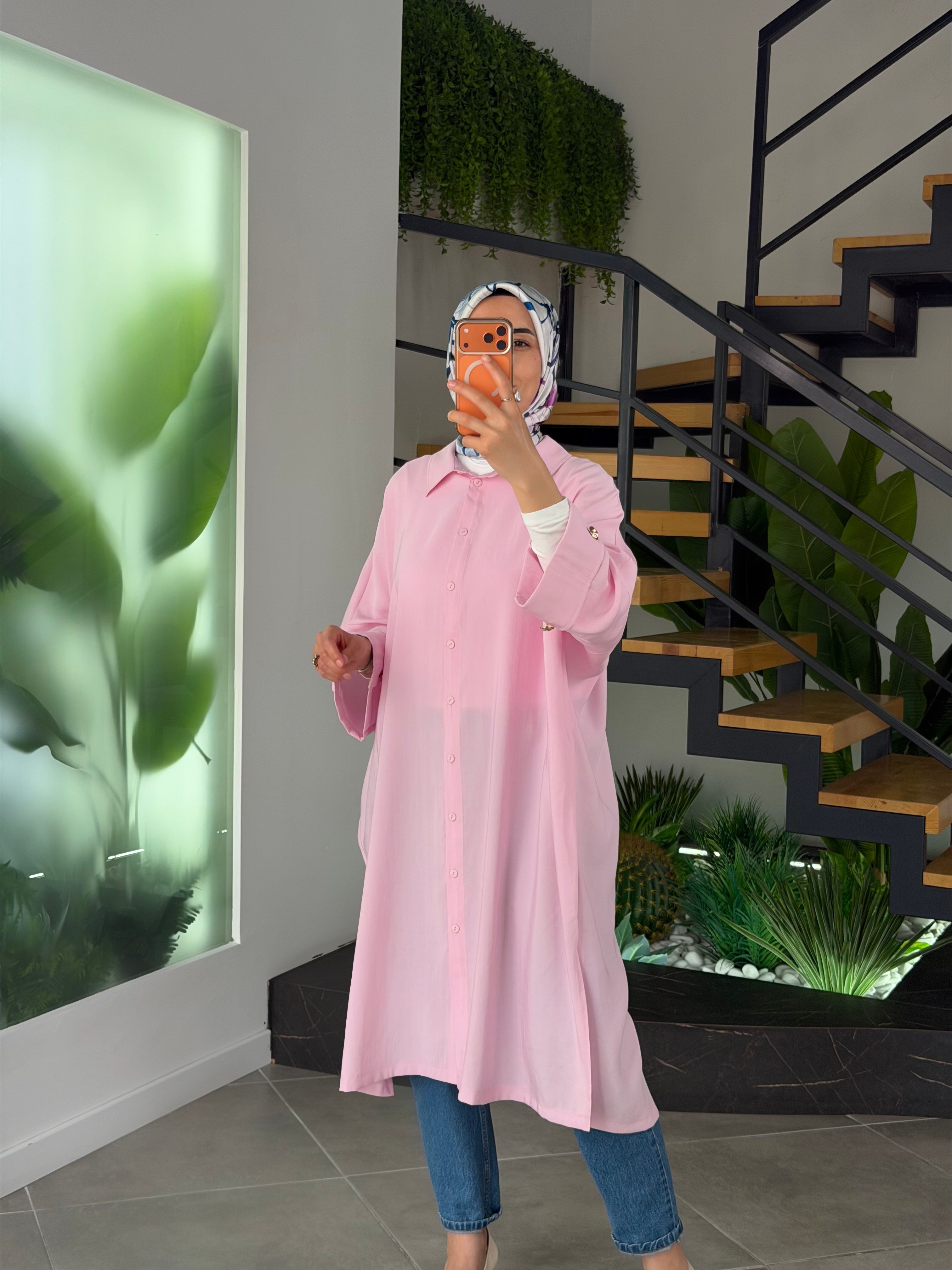 Pembe Renk Kol Manşet Detaylı Gömlek Tunik
