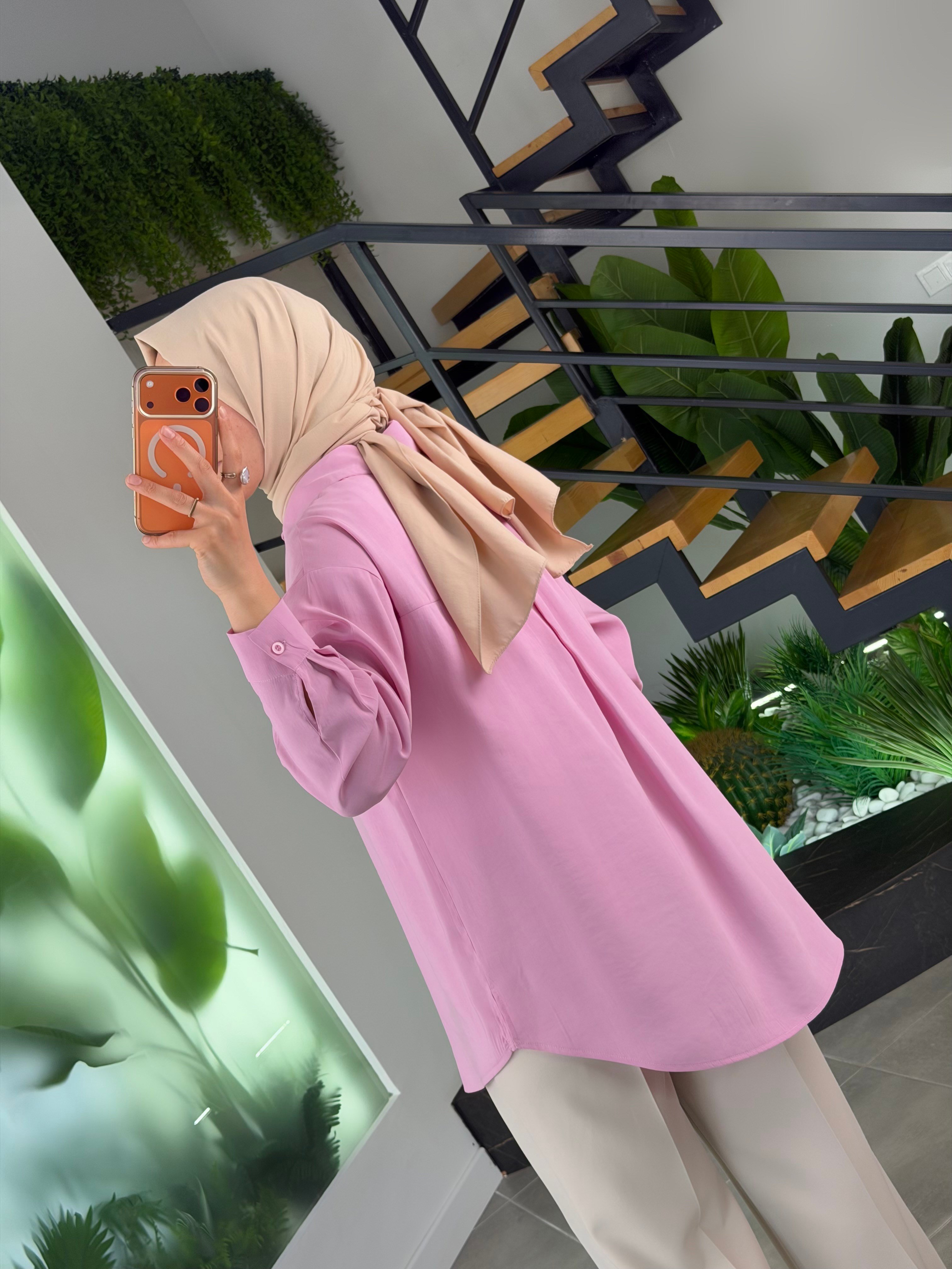 Pembe Renk Rayon Kumaş Basic Gömlek