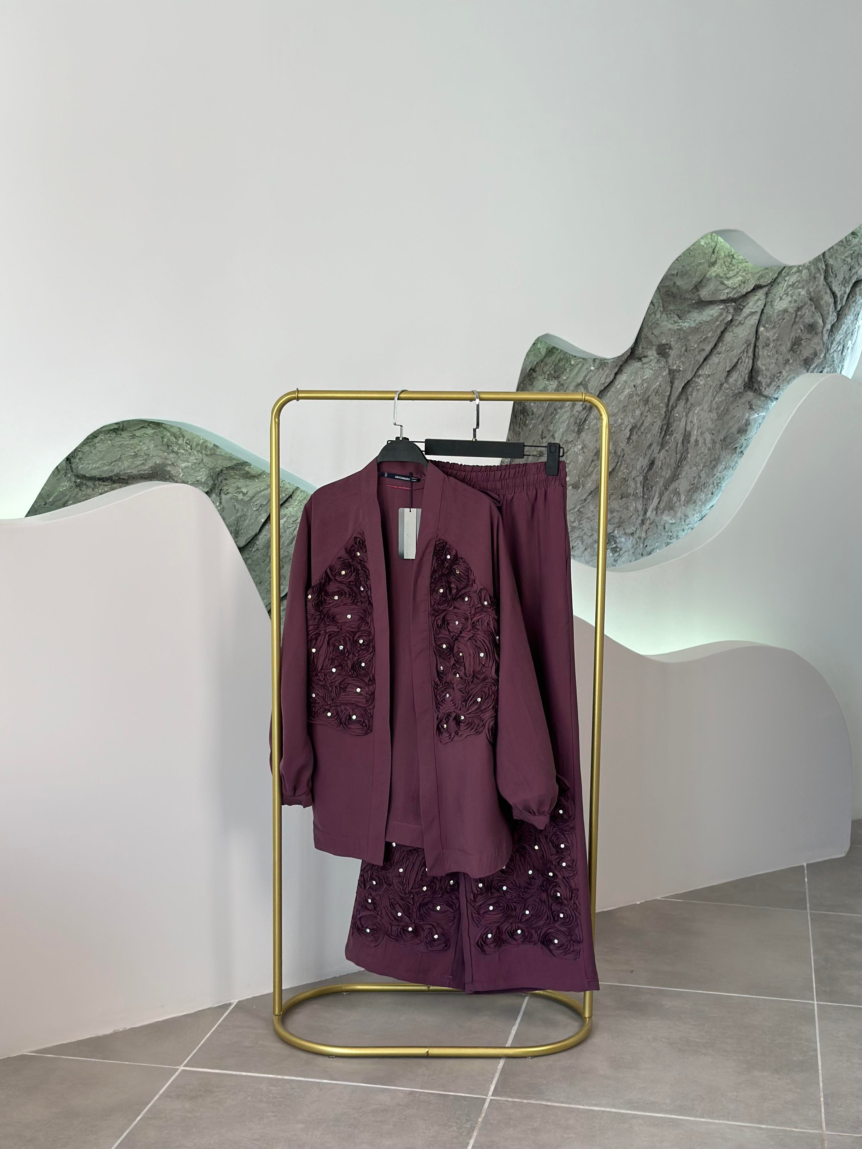 Premium Gül İşlemeli Mürdüm Renk Kadın Kimono