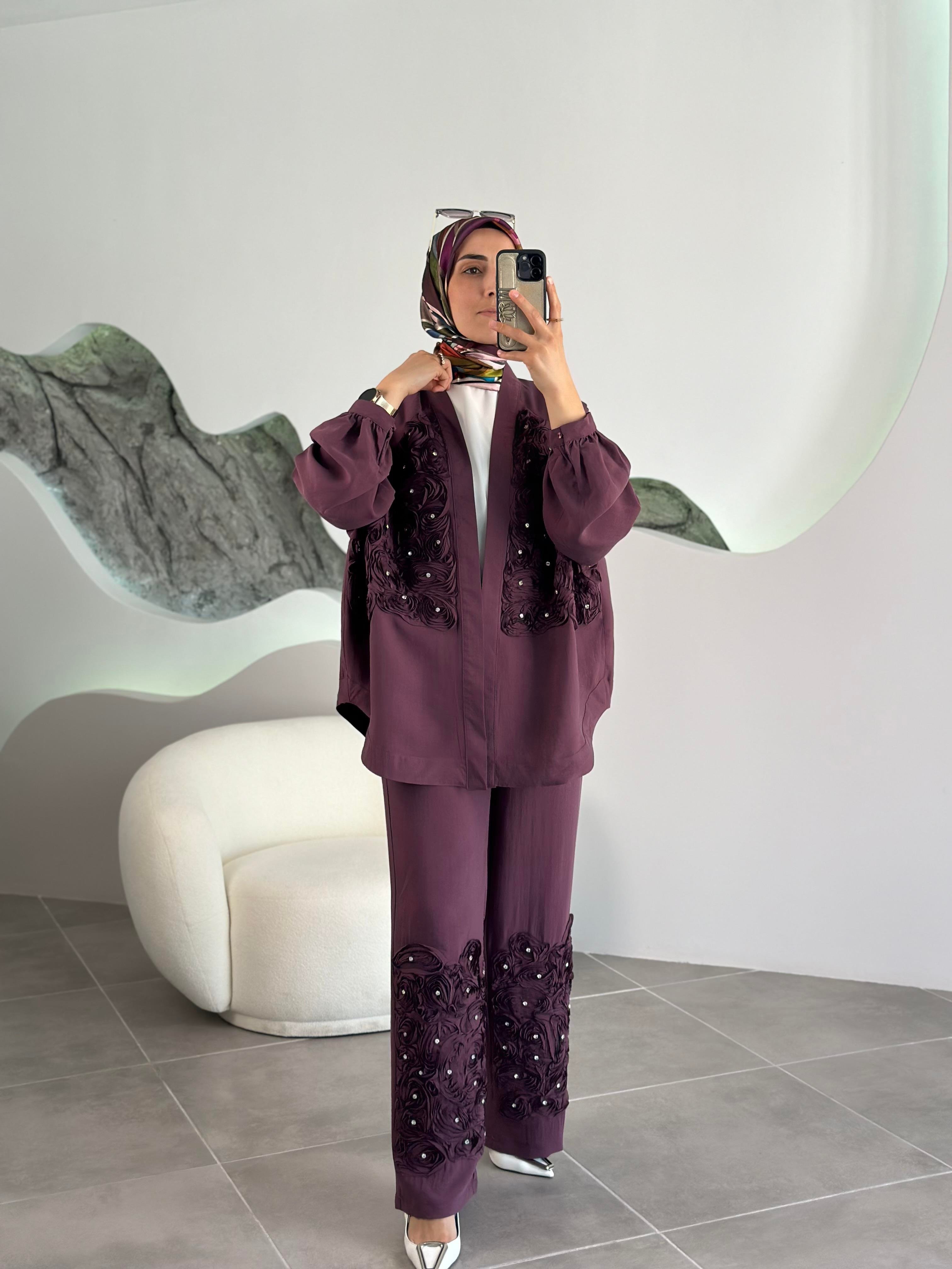 Premium Gül İşlemeli Mürdüm Renk Kadın Kimono