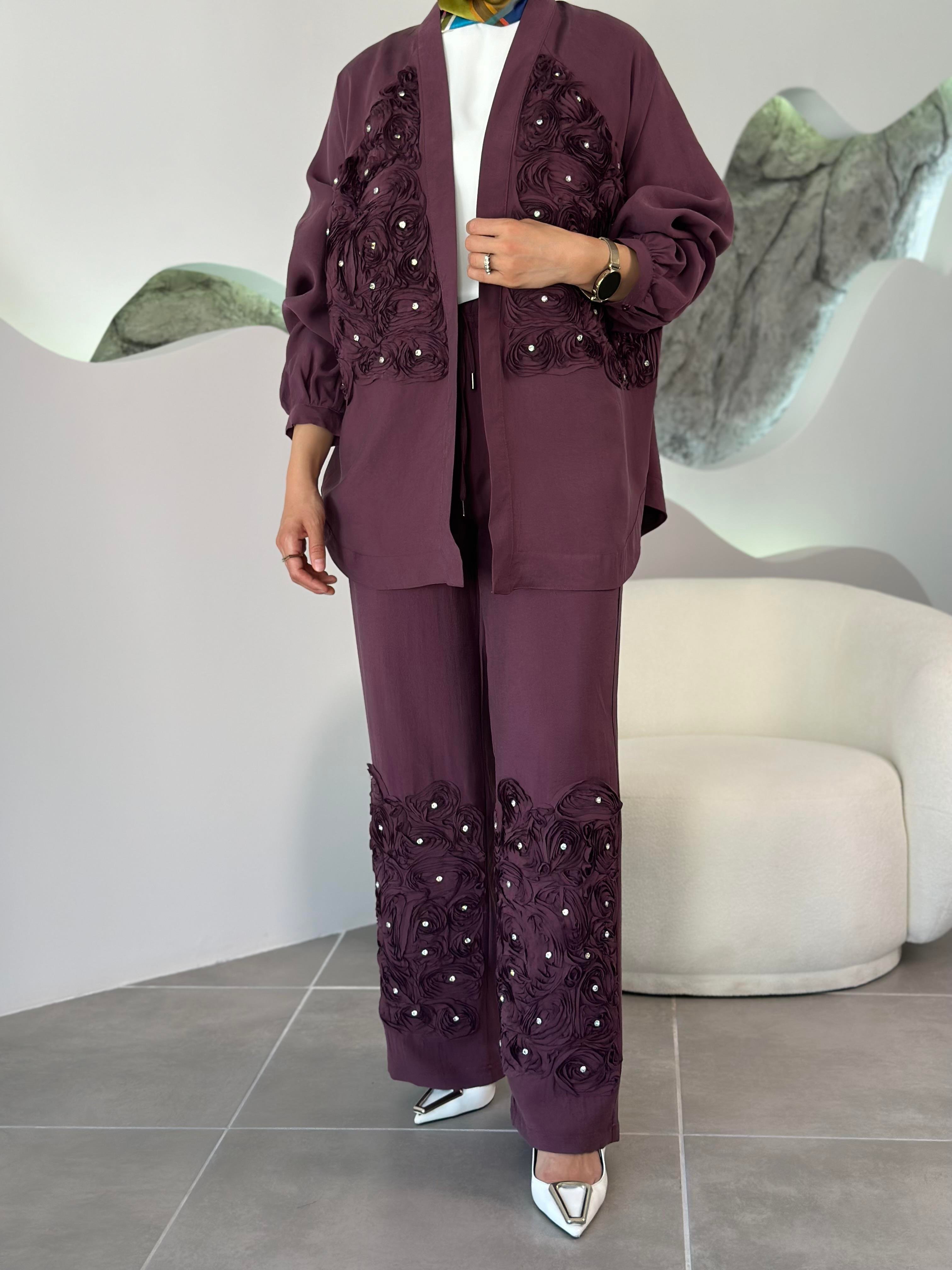 Premium Gül İşlemeli Mürdüm Renk Kadın Kimono