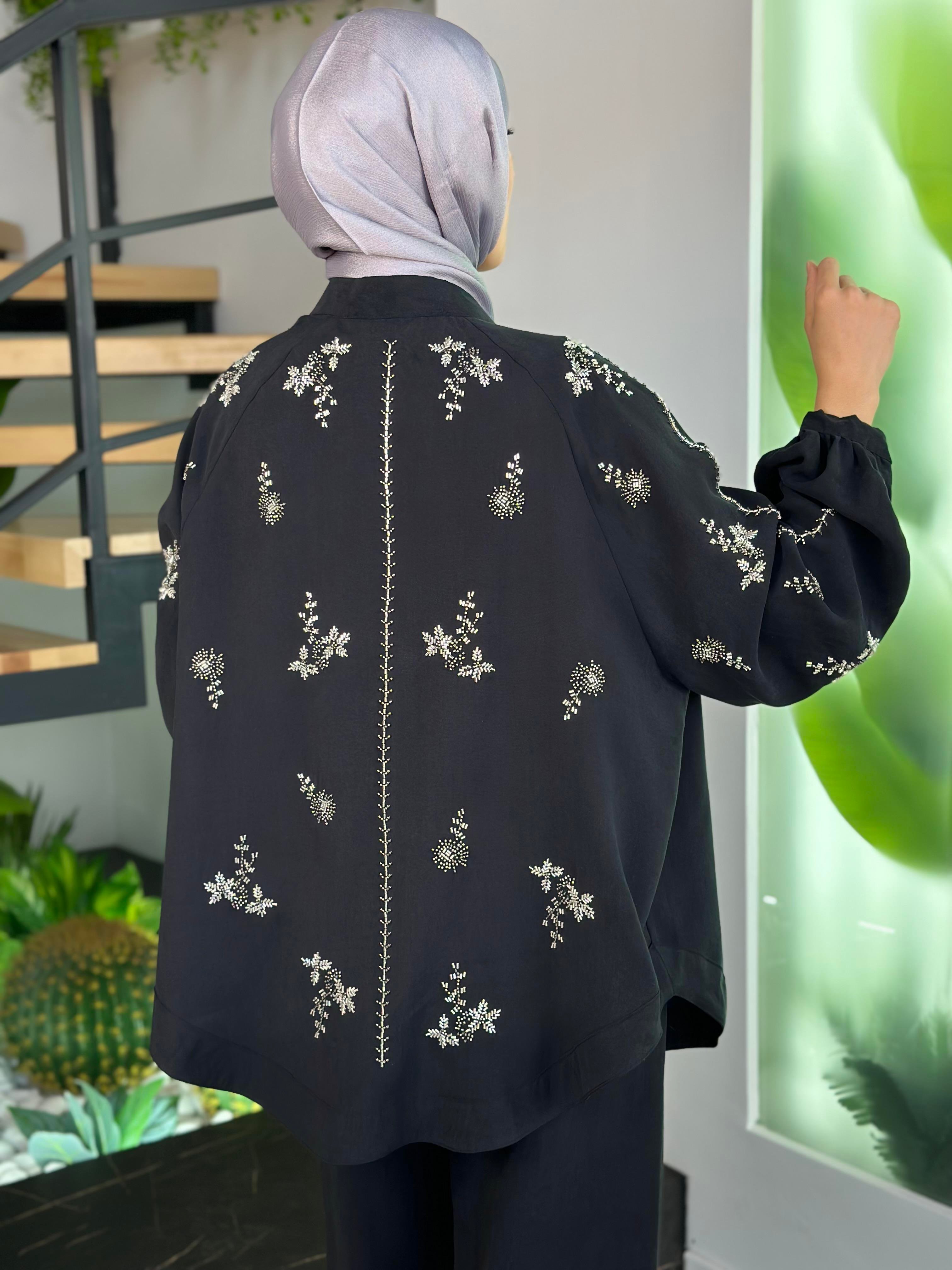 Premium Taş İşlemeli Siyah Renk Kadın Kimono