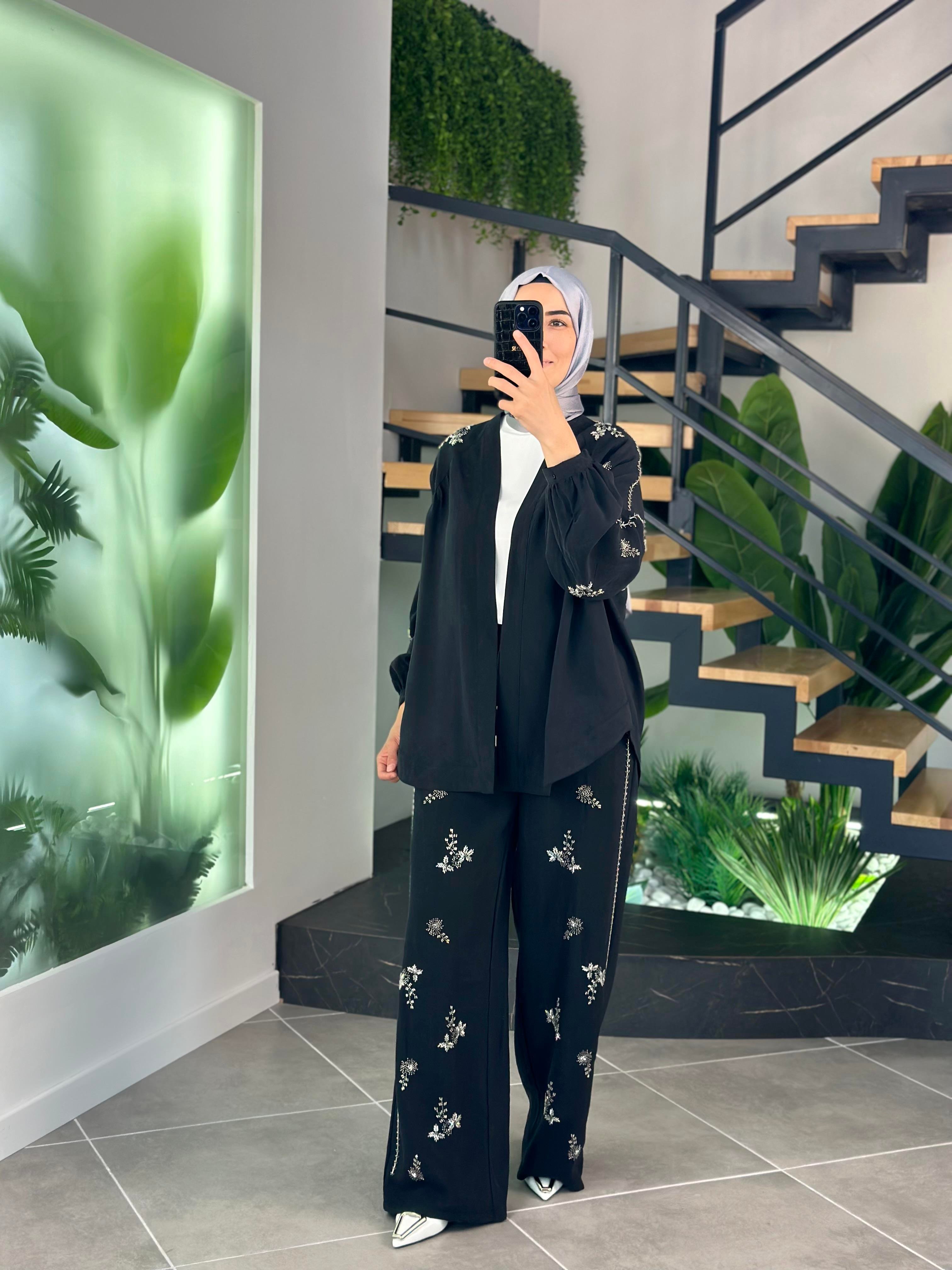 Premium Taş İşlemeli Siyah Renk Kadın Kimono