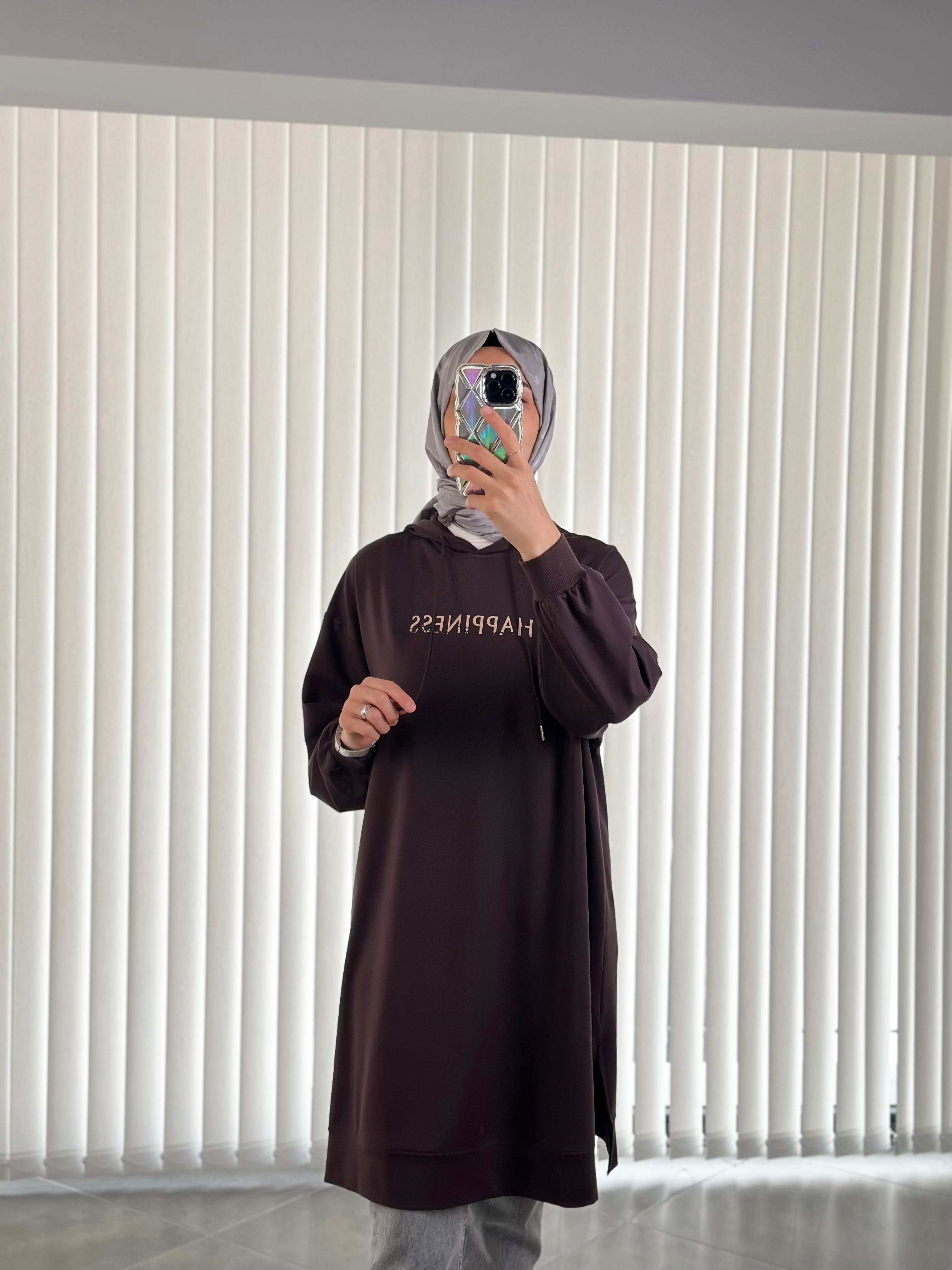 Renk Baskılı Kapüşonlu Kahve Renk Kadın Sweatshirt 