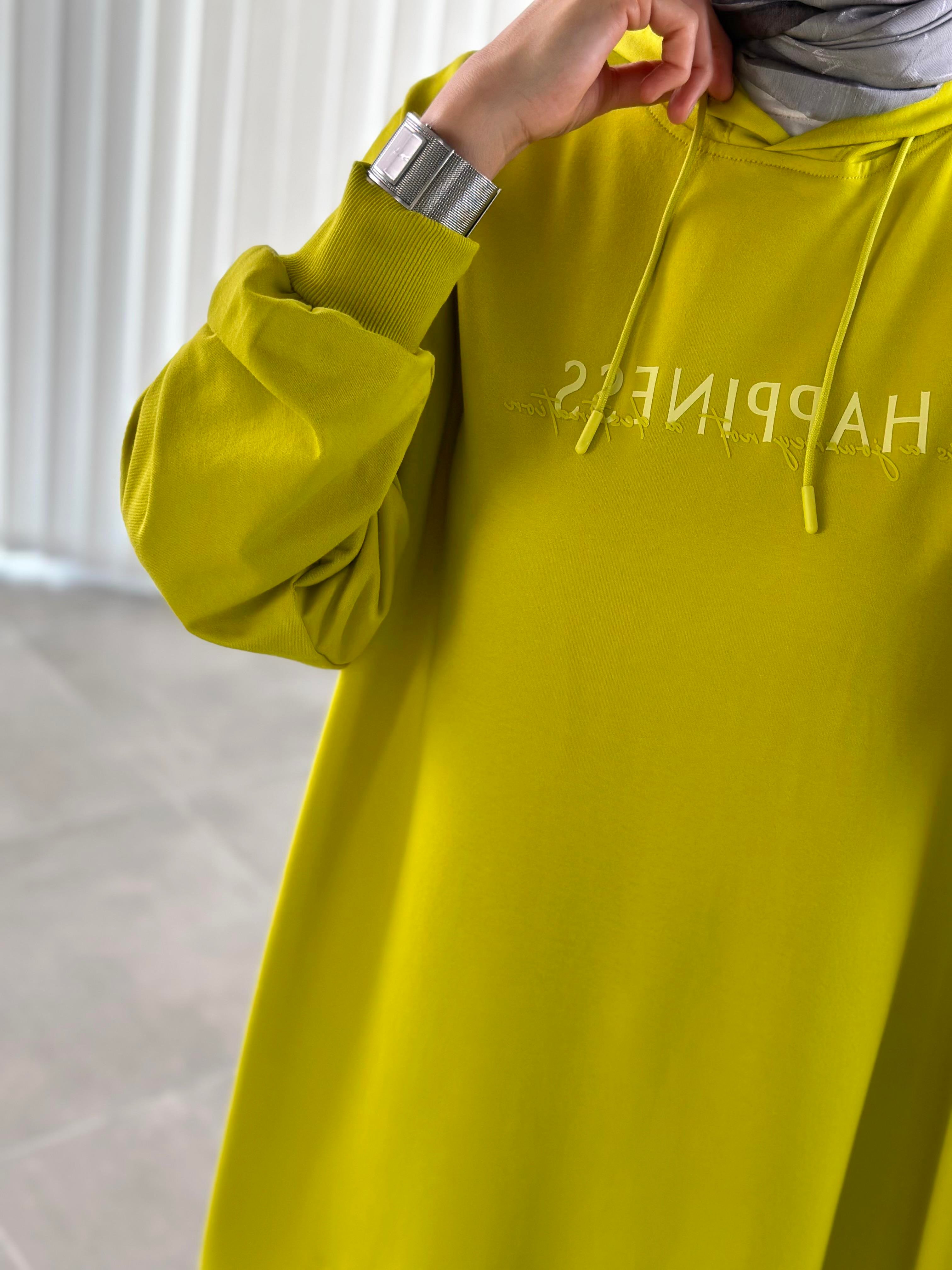 Renk Baskılı Kapüşonlu Lime Yeşili Renk Kadın Sweatshirt
