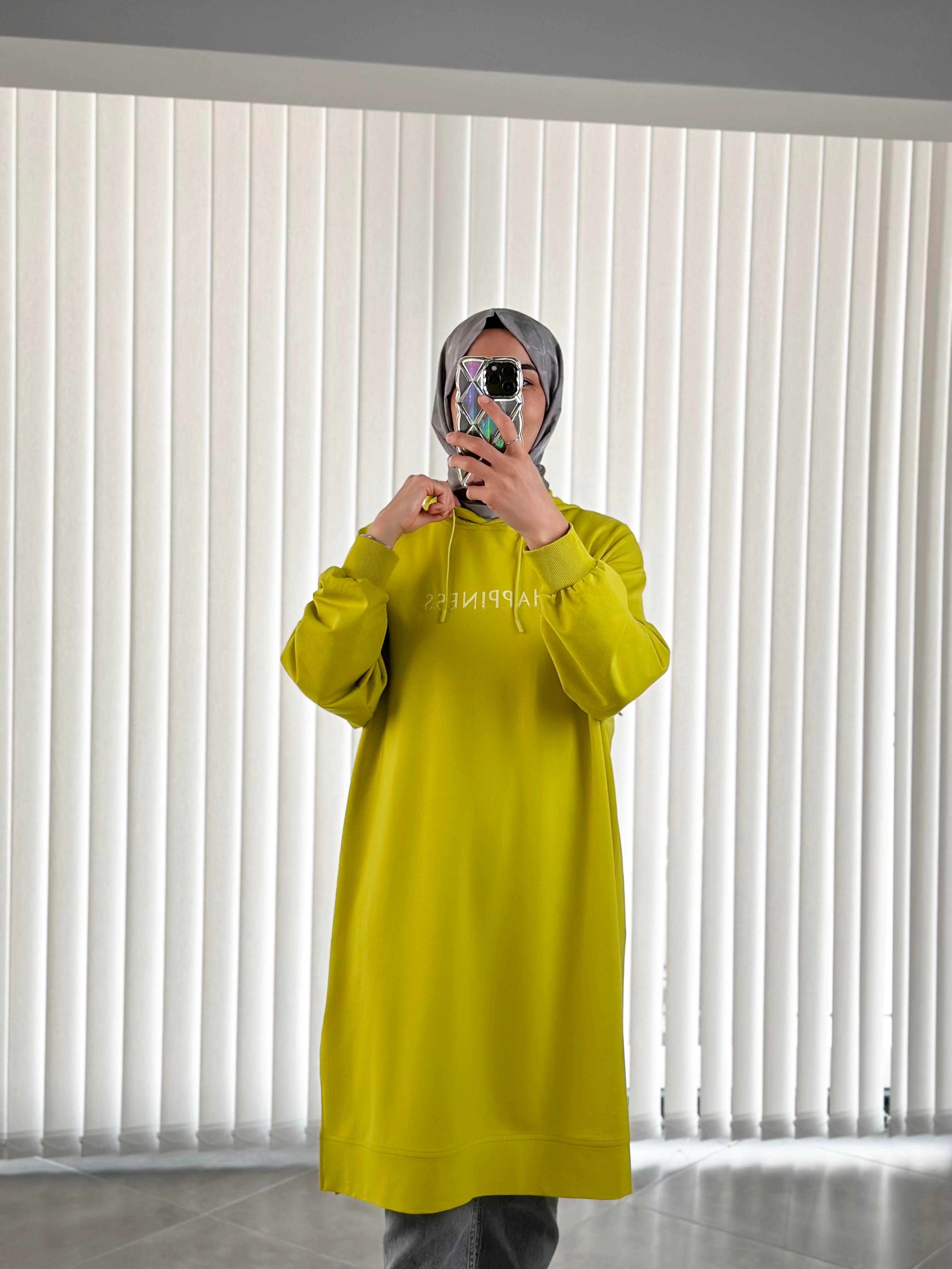 Renk Baskılı Kapüşonlu Lime Yeşili Renk Kadın Sweatshirt