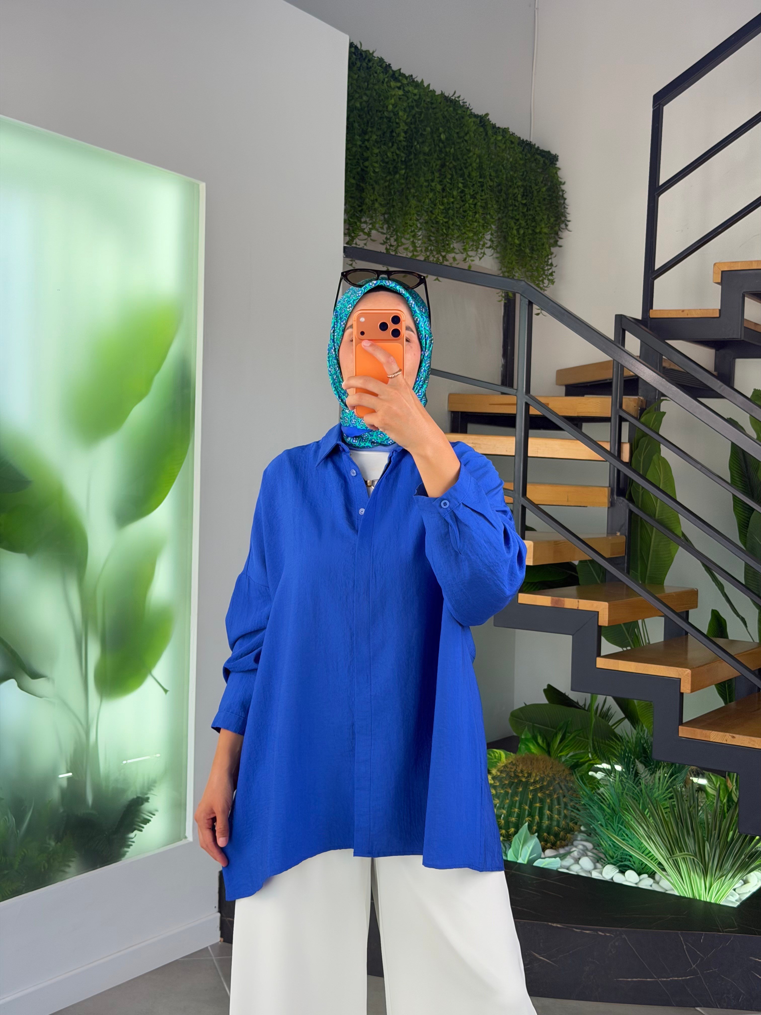 Saks Renk Yarasa Kol Oversize Basic Gömlek