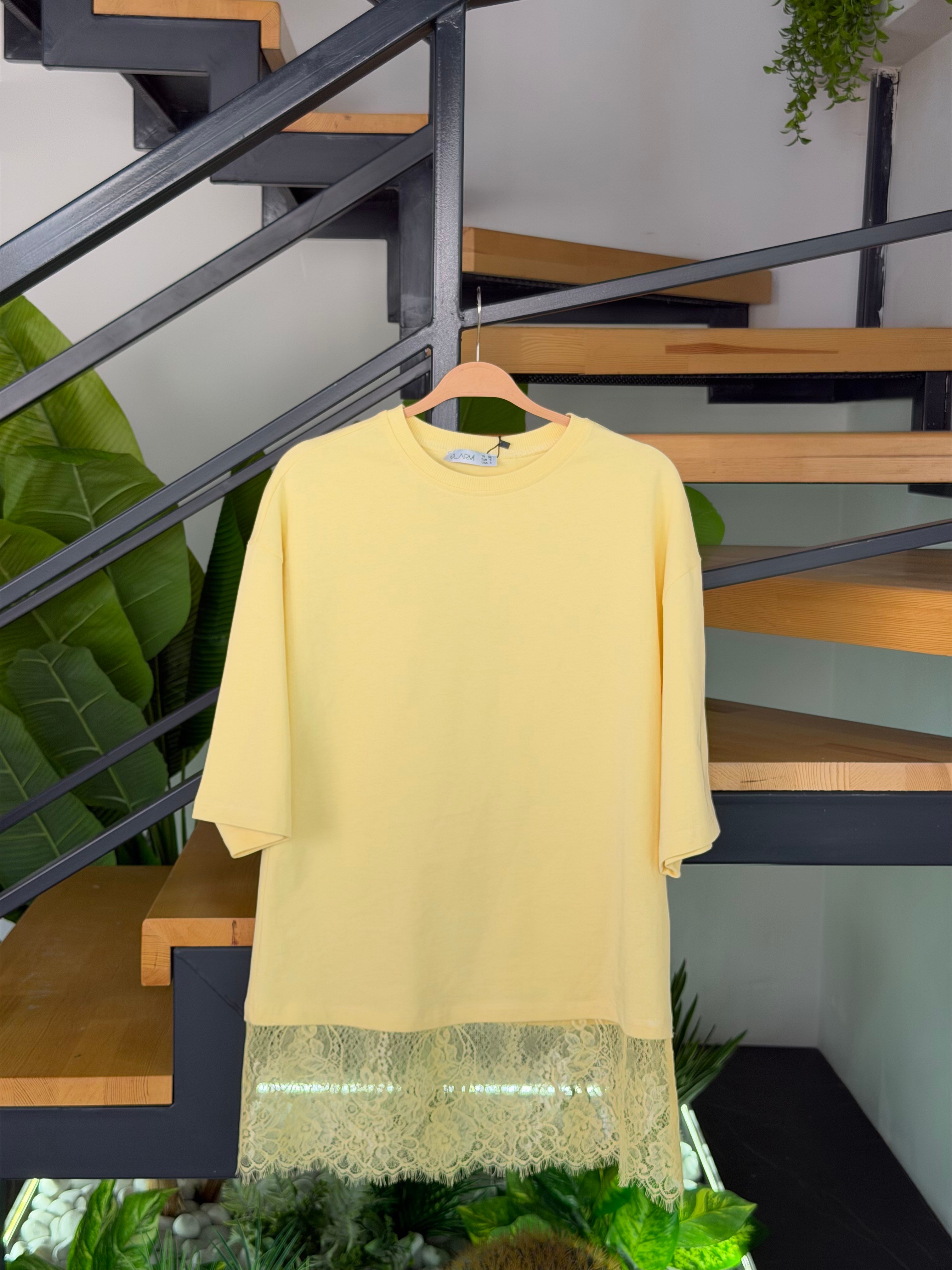 Sarı Renk Dantelli Süprem T-Shirt