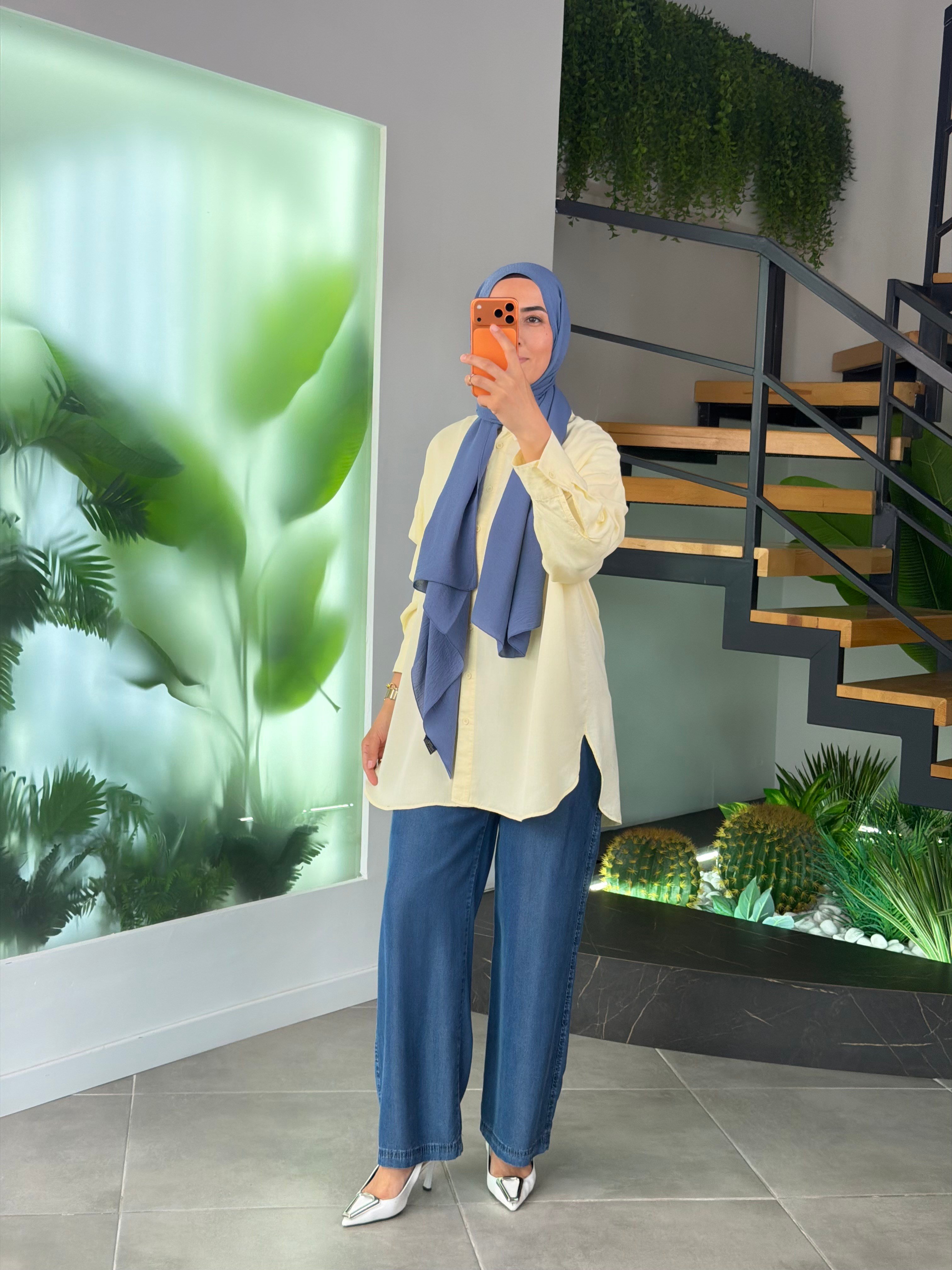 Sarı Renk Tensel Kumaş Basic Gömlek
