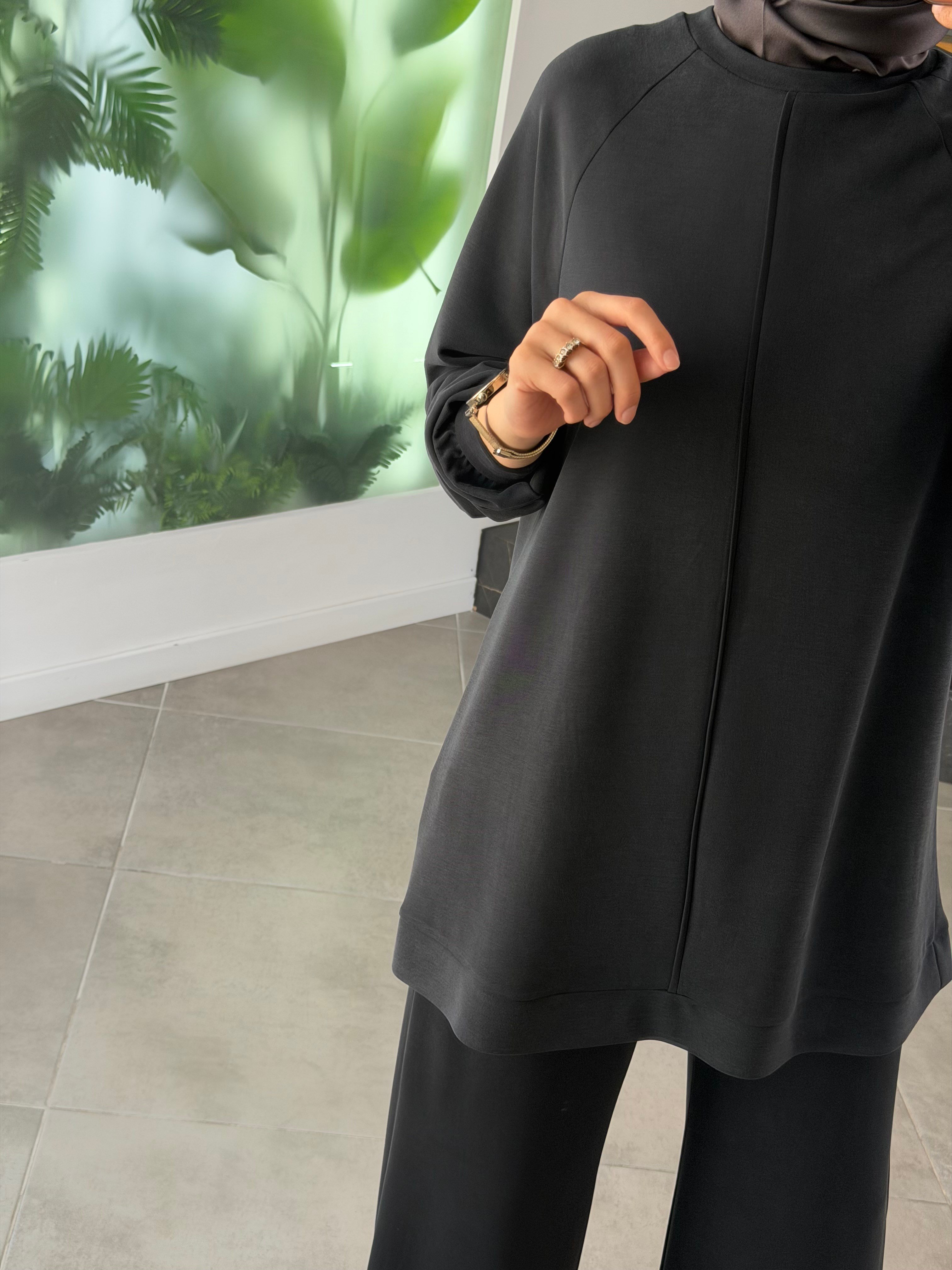 Siyah Renk Reglan Kol Pike Kumaş Basic Takım