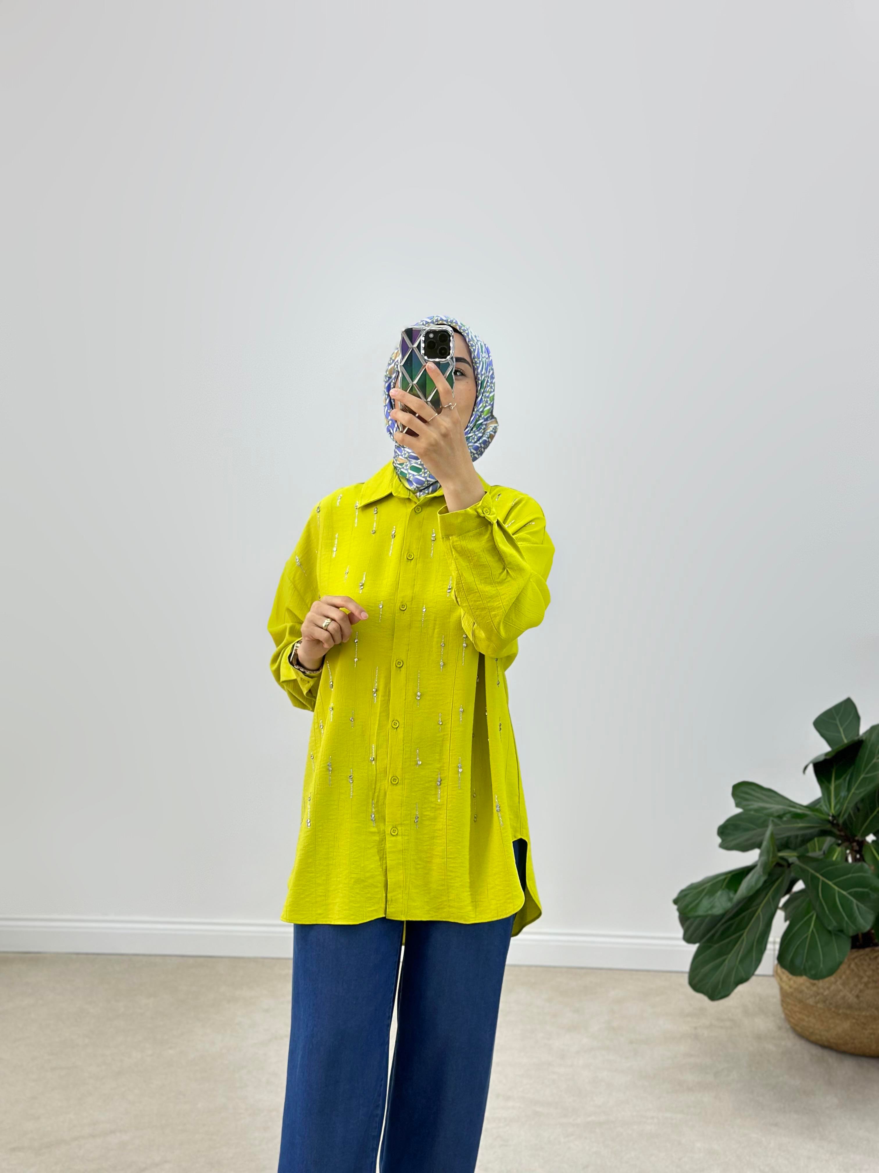 Su Yolu Taşlı Oversize Gömlek